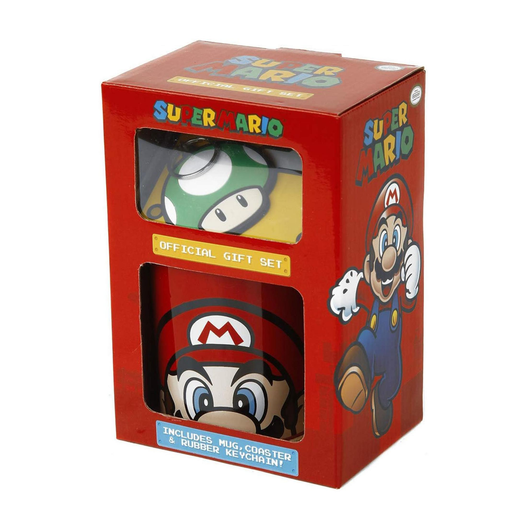 Set de regalo Super Mario con taza, posavasos y llavero.