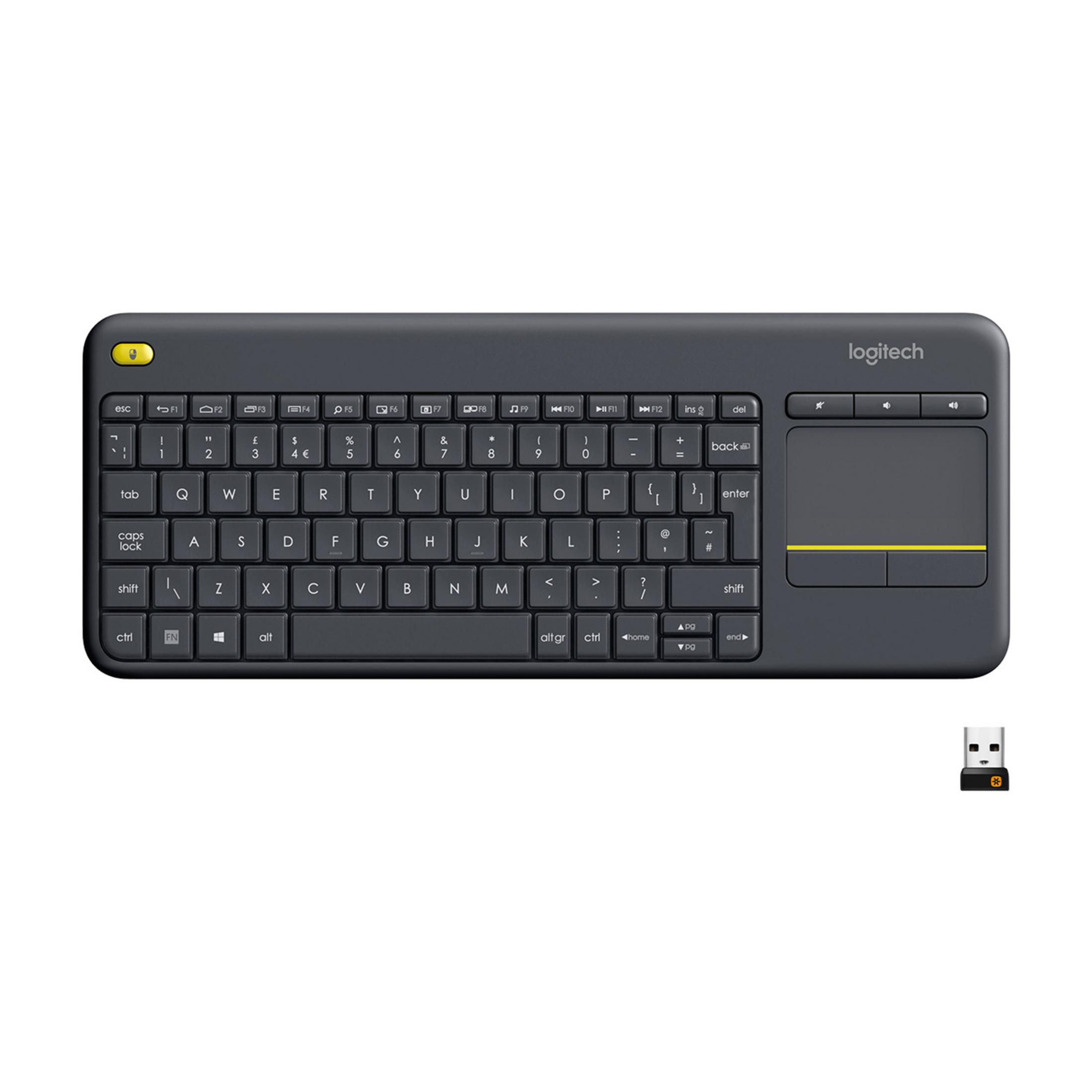 Een donkergrijs Logitech draadloos toetsenbord met ingebouwde trackpad en gele accenten.