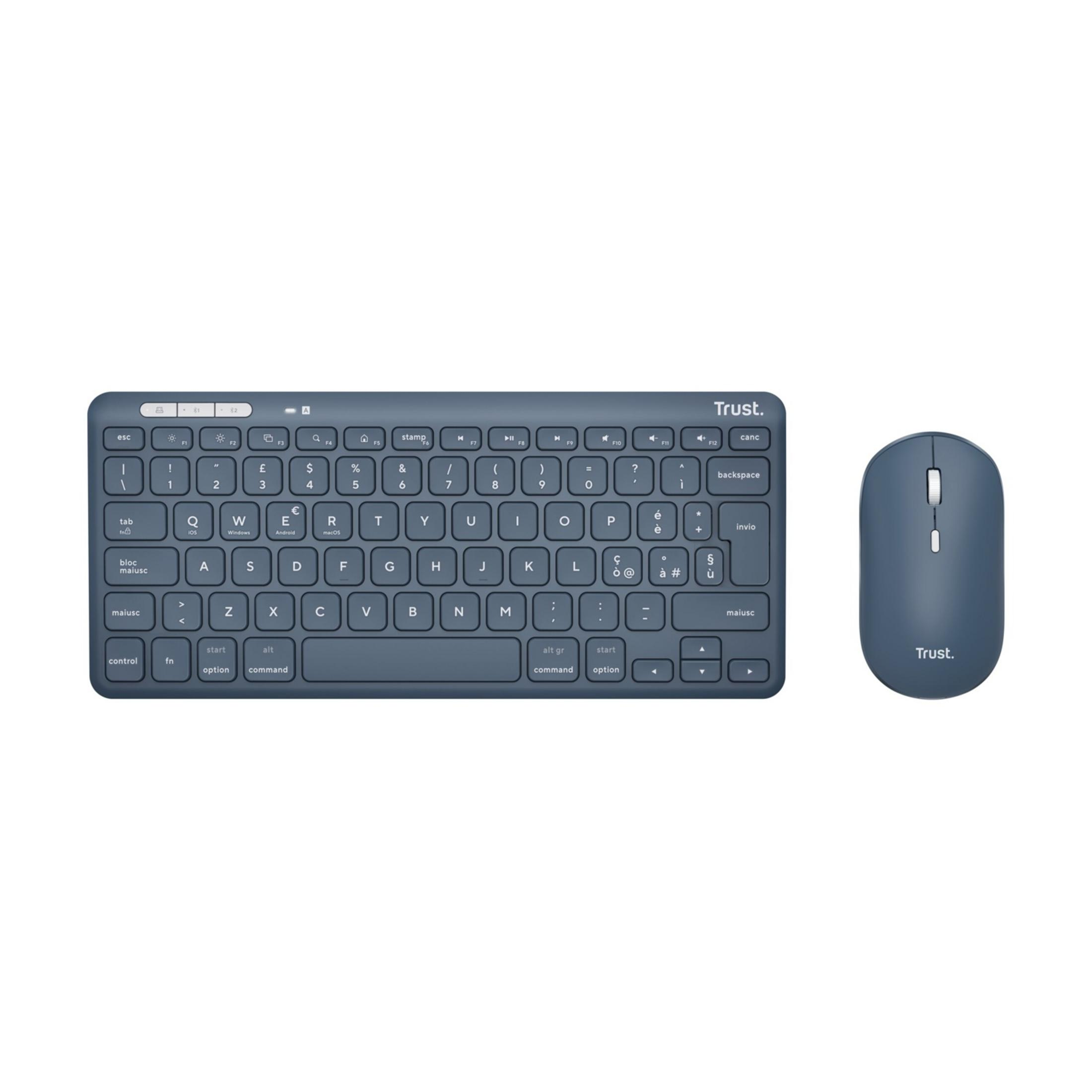 Una tastiera e un mouse wireless grigi di Trust sono affiancati.