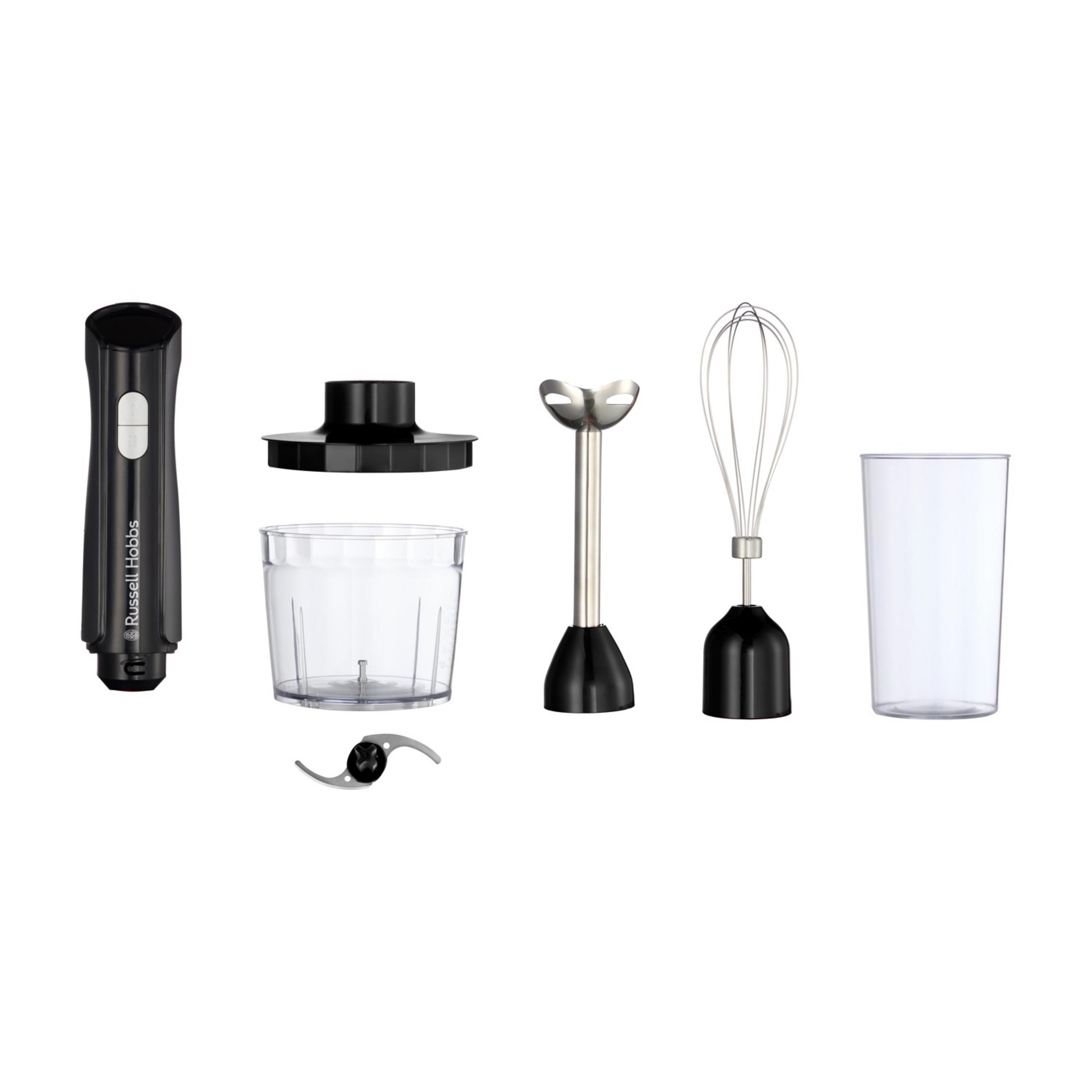 Czarny blender ręczny z akcesoriami: pojemnik, trzepaczka, ostrze i kubek.