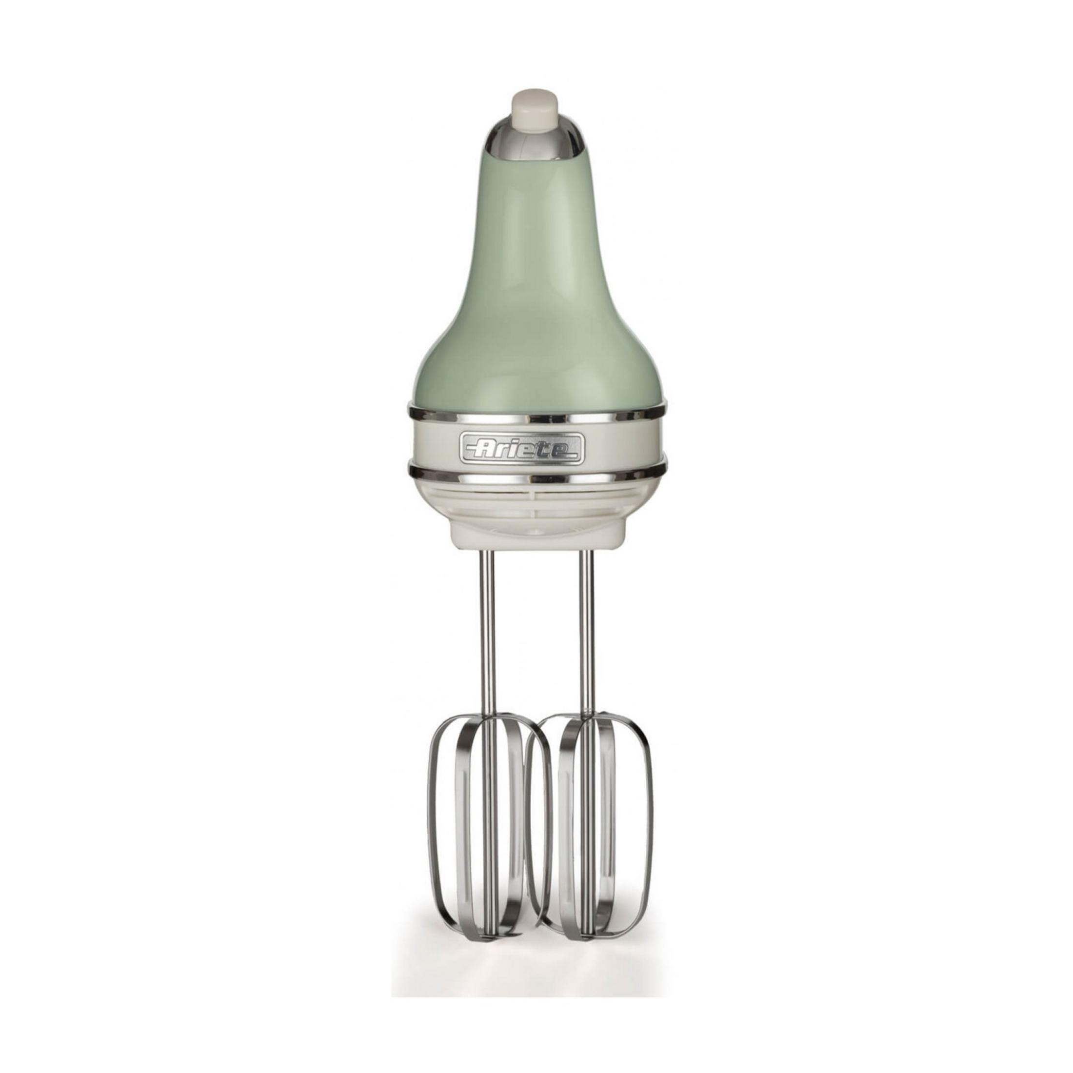 Grüner Handmixer mit weißem Gehäuse und Chromdetails, mit zwei Schneebesen.