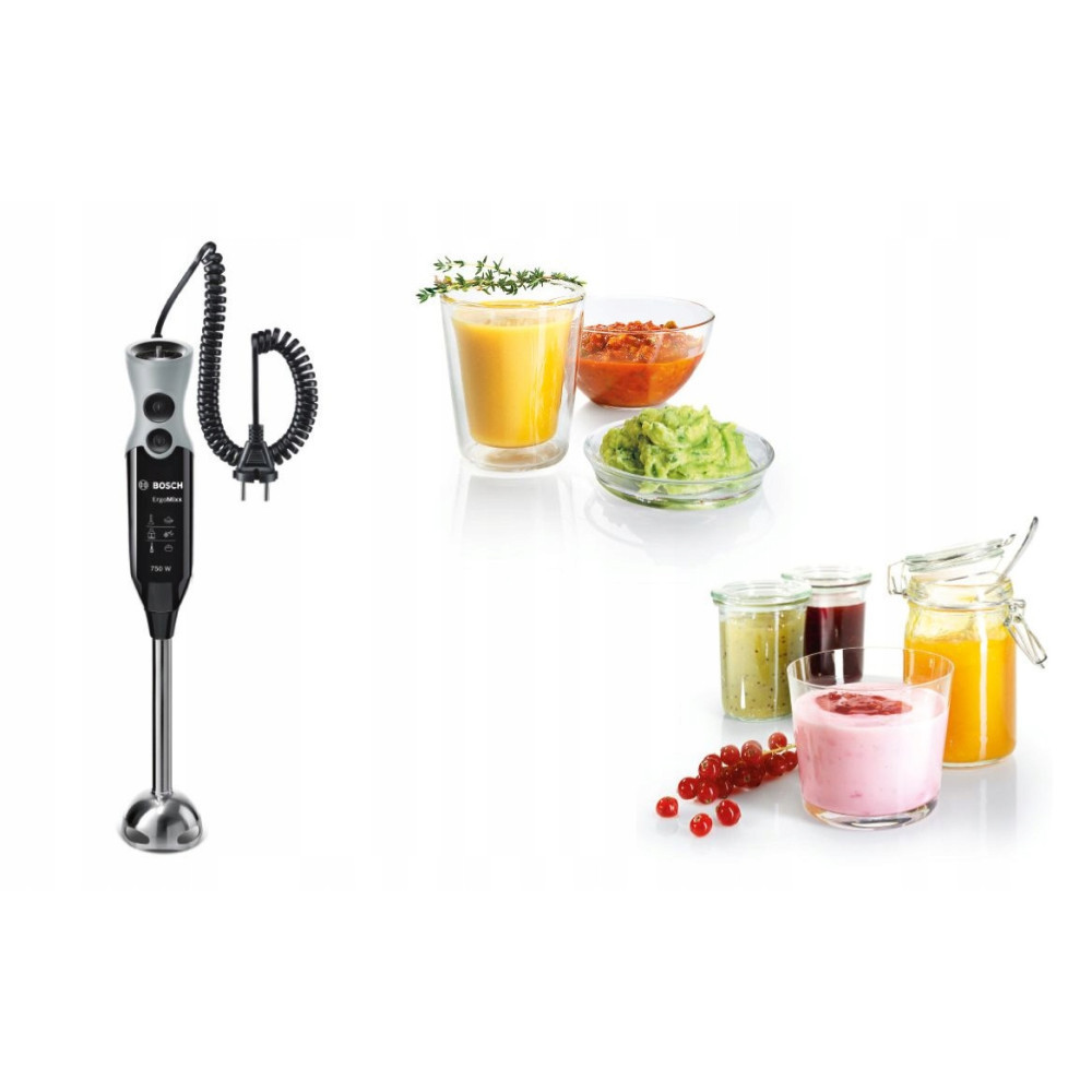 Ein Stabmixer mit Kabel und Stecker neben Gläsern mit Saft, Soßen und Joghurt.