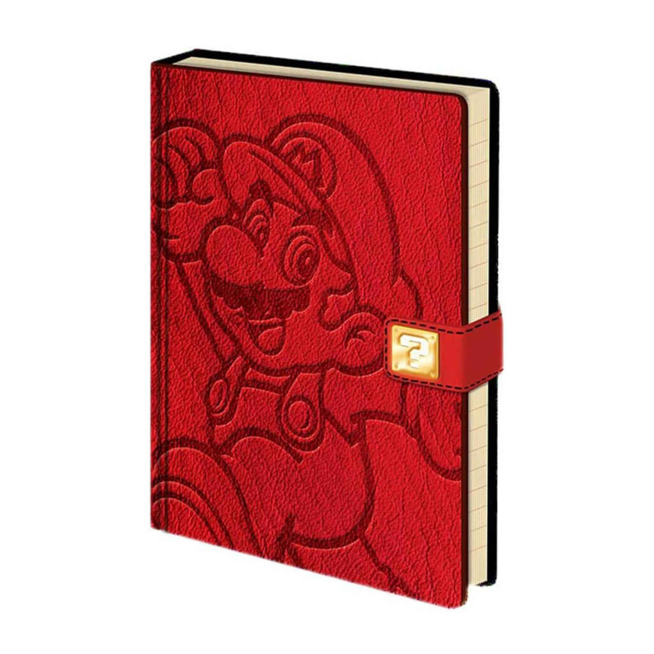 Rotes Notizbuch mit Mario-Prägung und Fragezeichen-Verschluss.