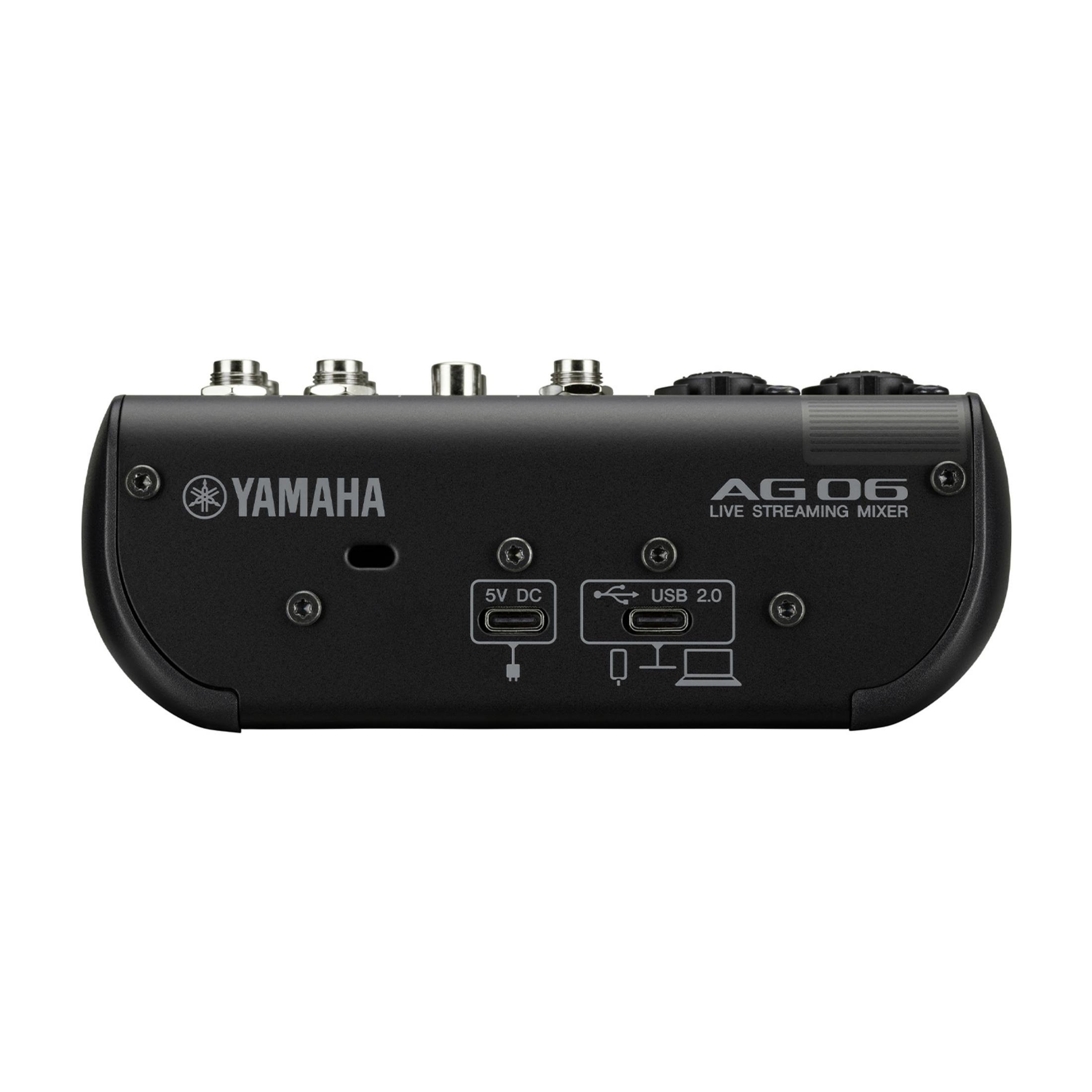 Mezclador negro Yamaha AG06 para streaming en vivo con puertos.
