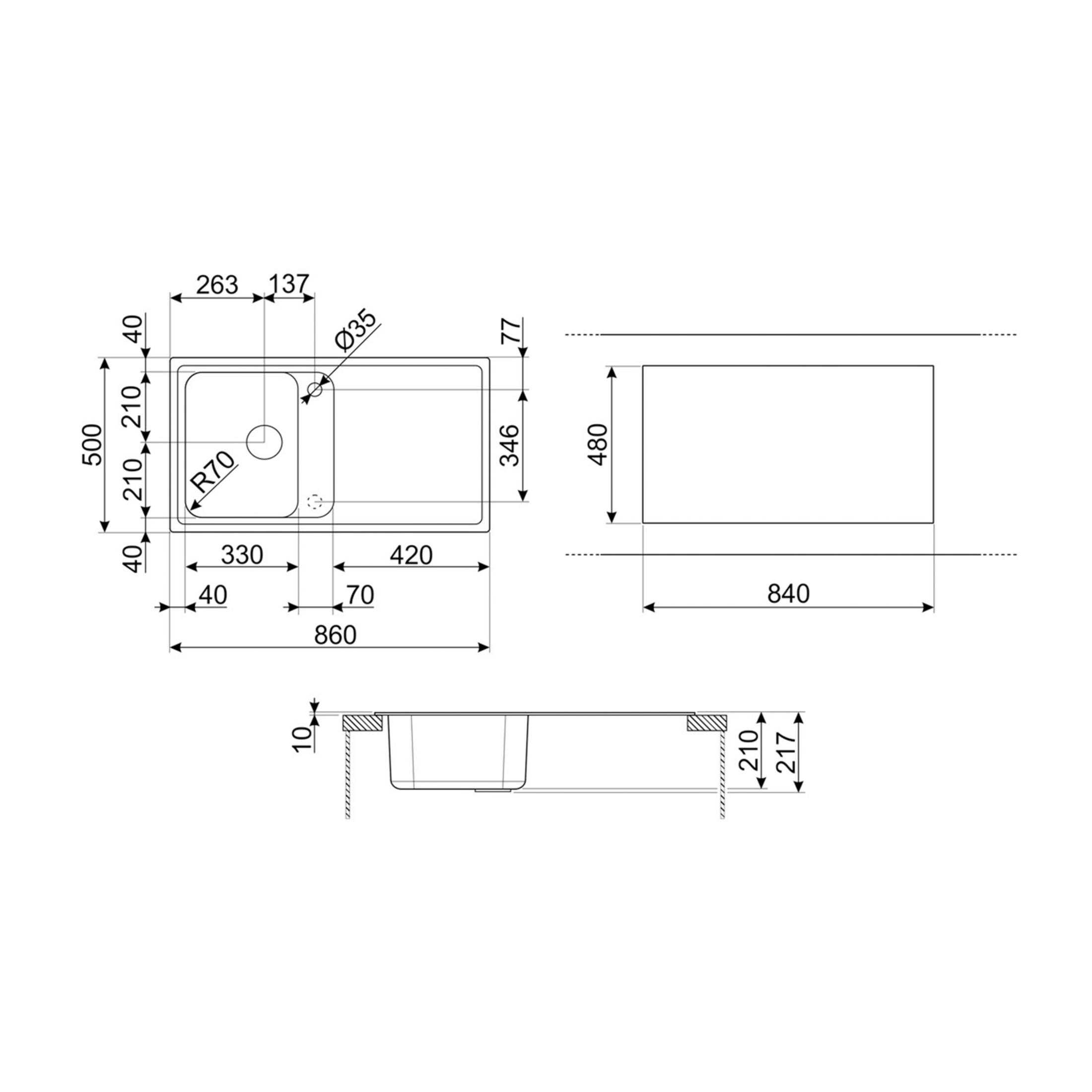 Disegno tecnico di un lavello con dimensioni.