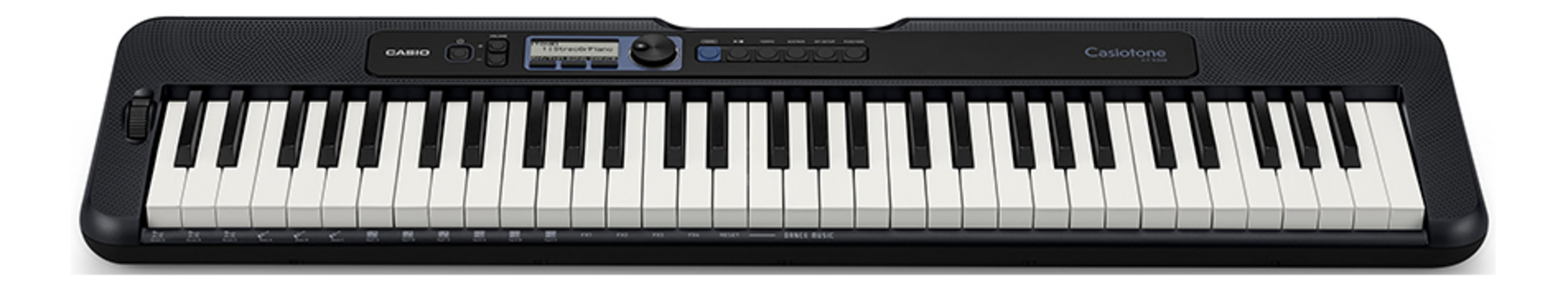 Ein schwarzes Casio Tasteninstrument mit weißen und schwarzen Tasten.