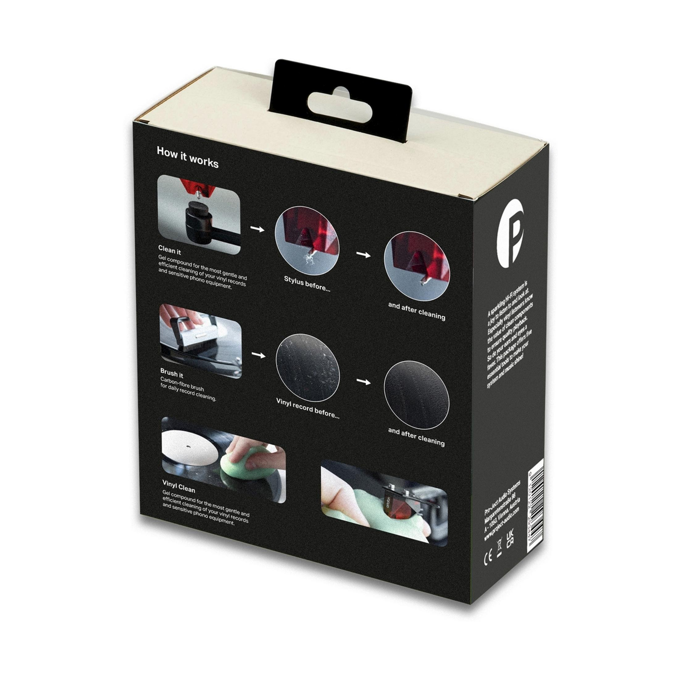 Verpackung erklärt Reinigung von Plattenspielernadeln und Schallplatten.