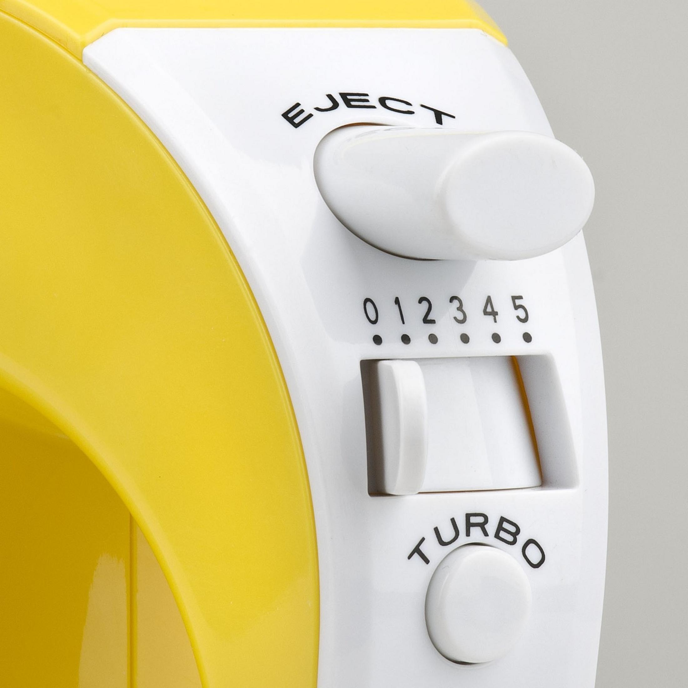 Apparecchio giallo con comandi bianchi: EJECT, 0-5 velocità e pulsante TURBO.