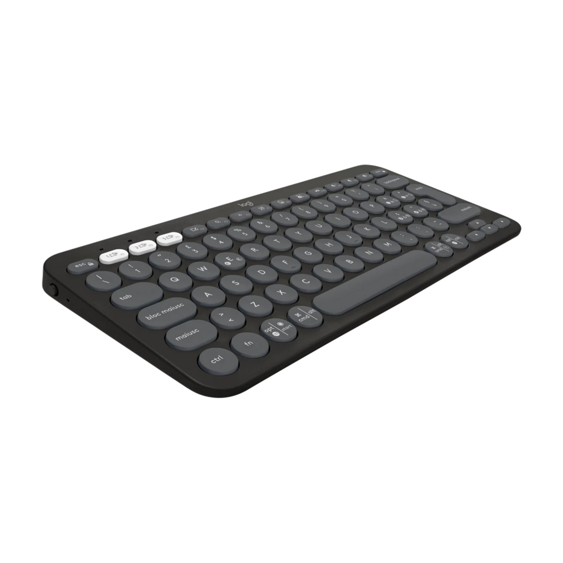 Eine dunkle, kompakte Tastatur mit runden Tasten und silbernen Akzenten.