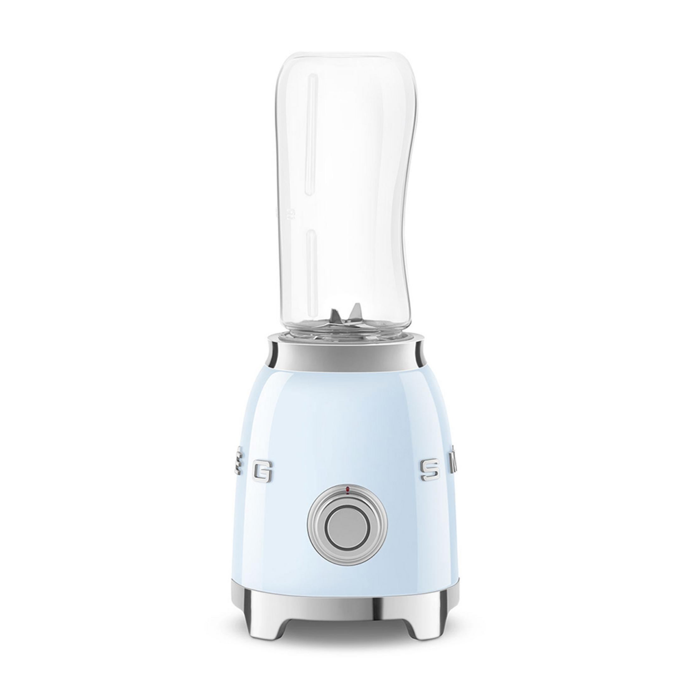 Gümüş aksesuarlı, şeffaf haznesi olan açık mavi blender.