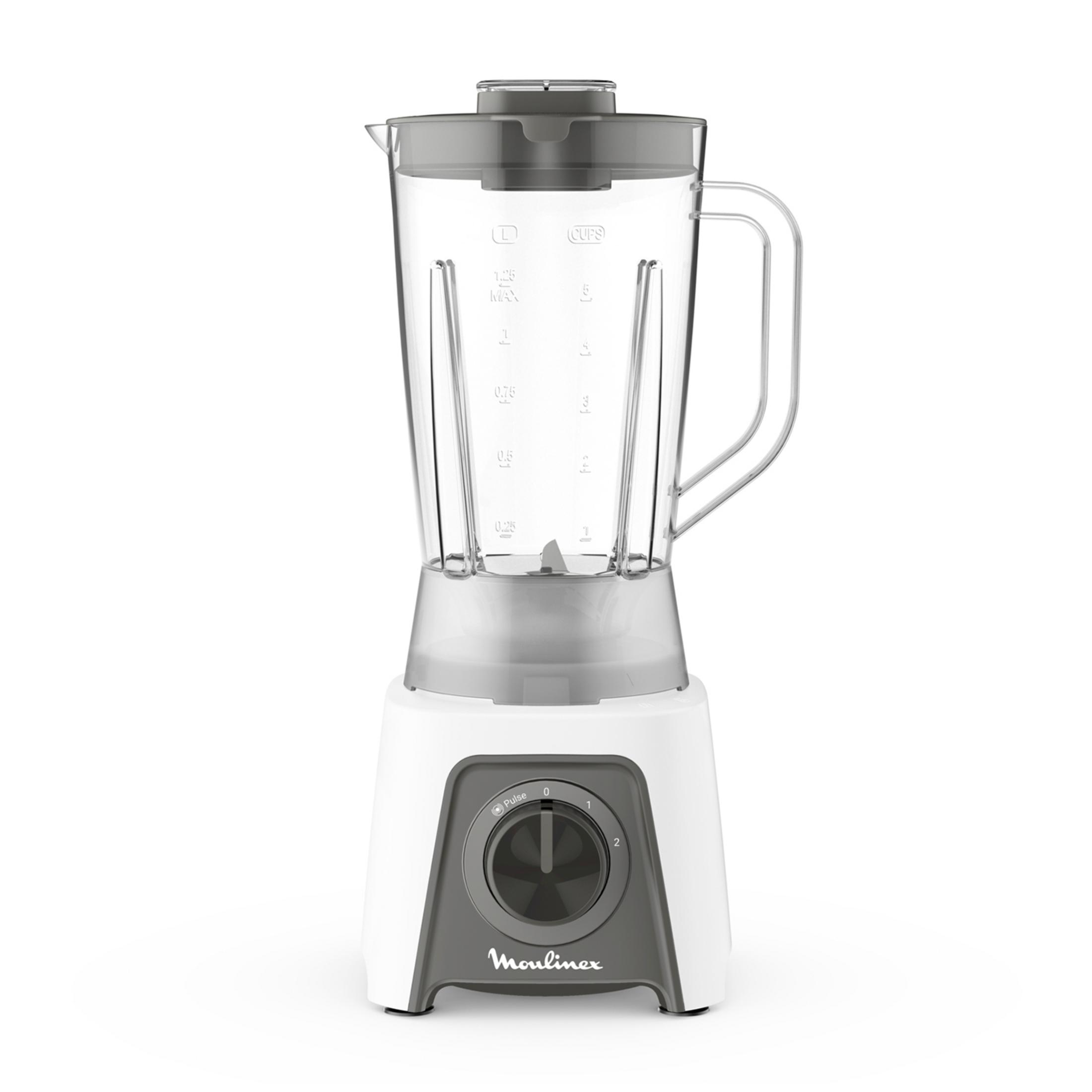 Un frullatore Moulinex bianco e grigio con segni di misurazione sulla caraffa.