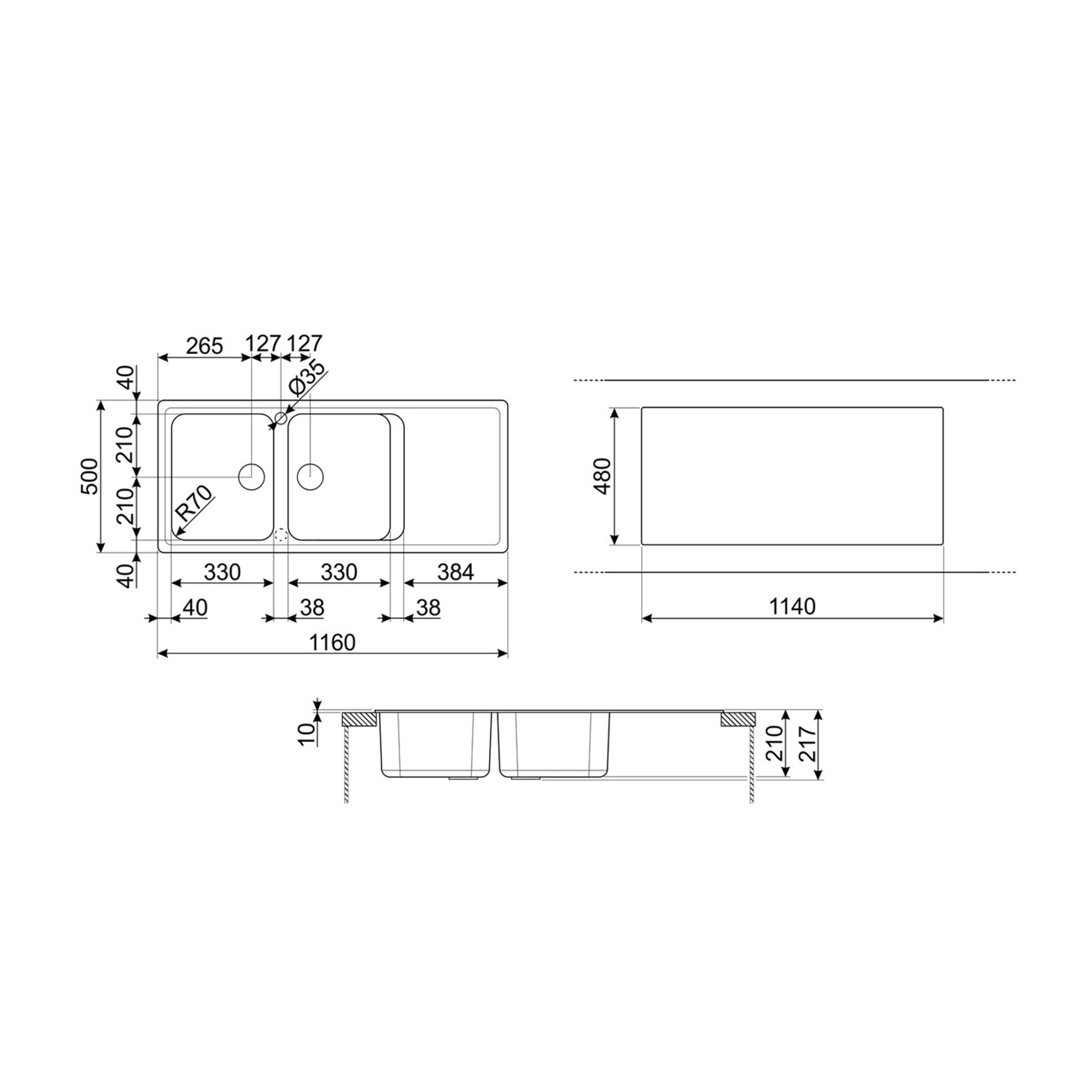 Disegno tecnico di un lavello doppio con dimensioni e dettagli.