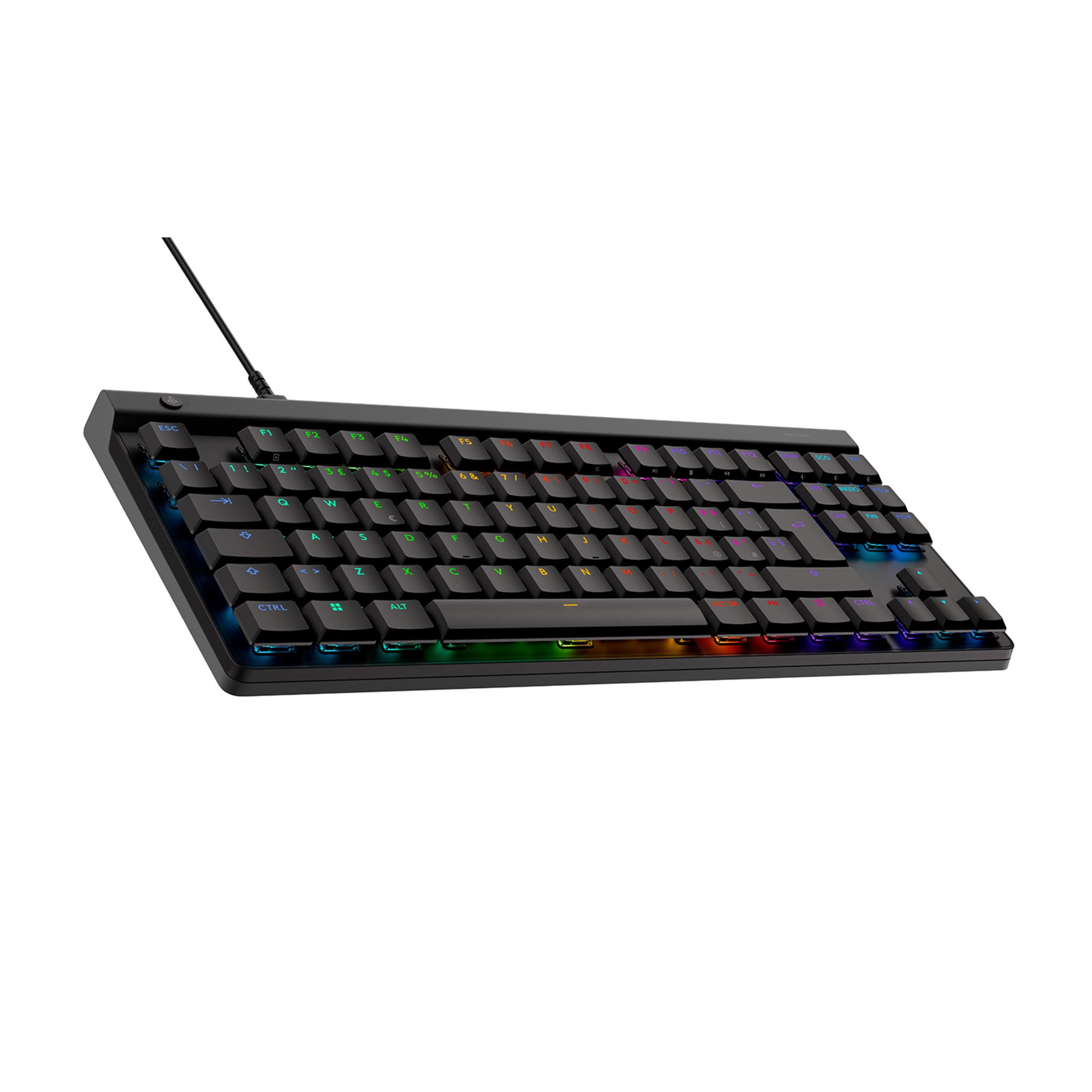 Czarna klawiatura z podświetleniem RGB i kablem.