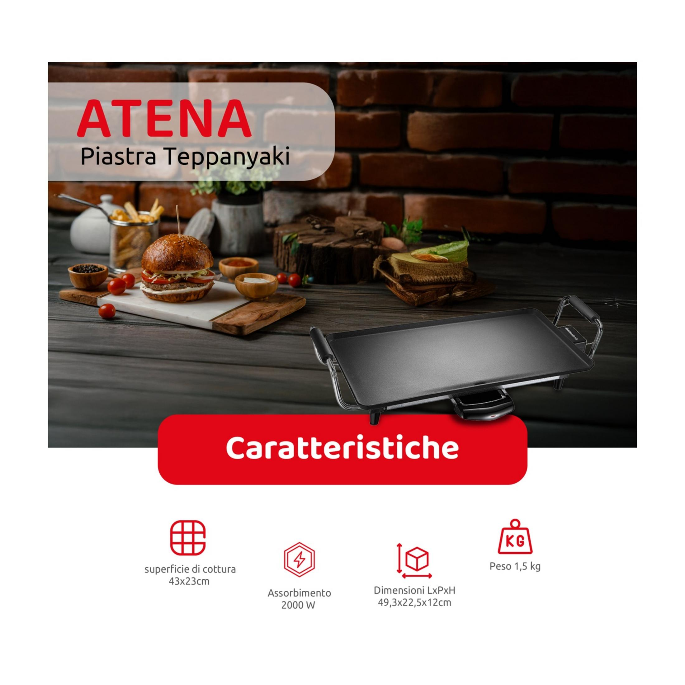 Plancha Teppanyaki ATENA con hamburguesa y patatas fritas. Especificaciones abajo.