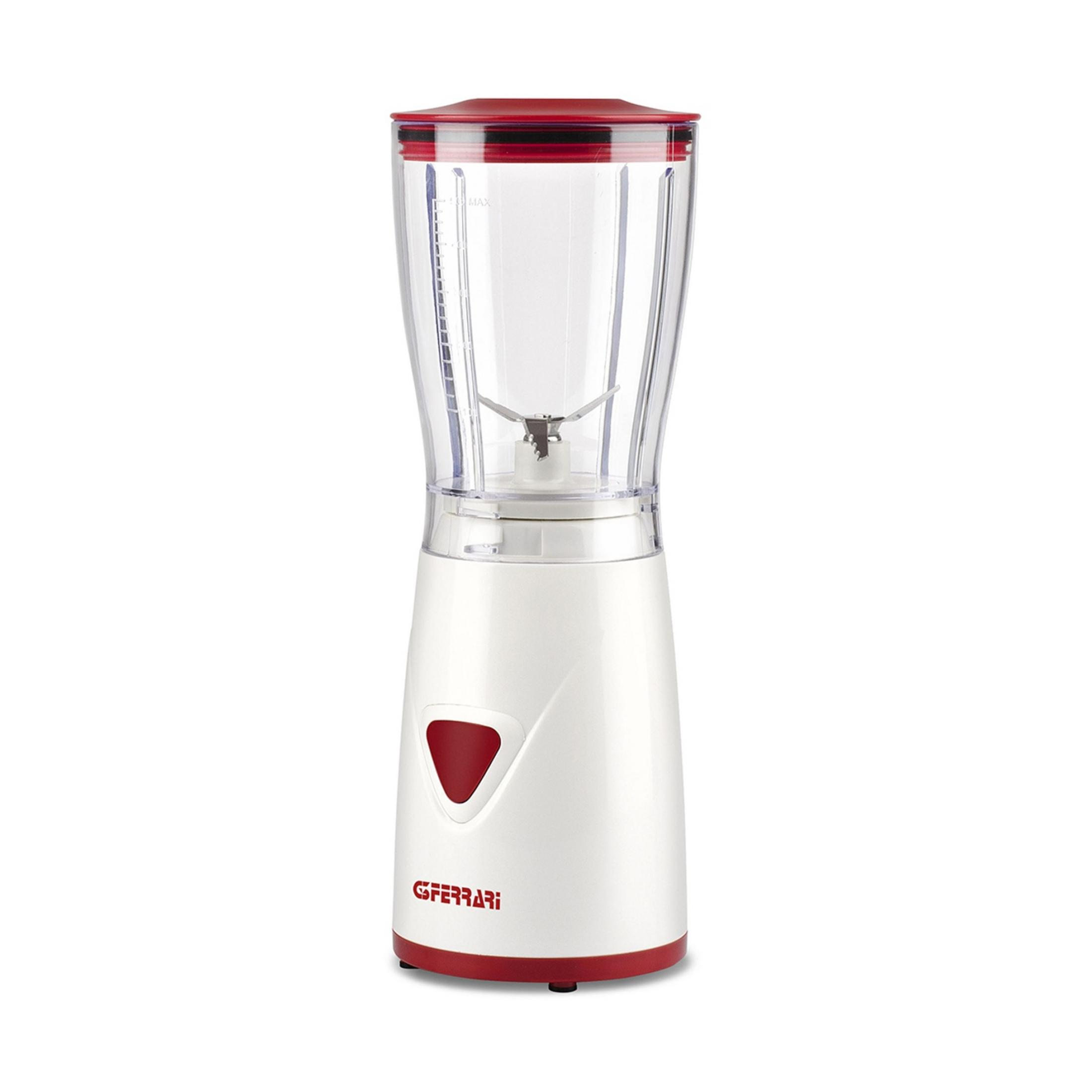 Biały blender z czerwonym wieczkiem i czerwonym akcentem. Z bliska.
