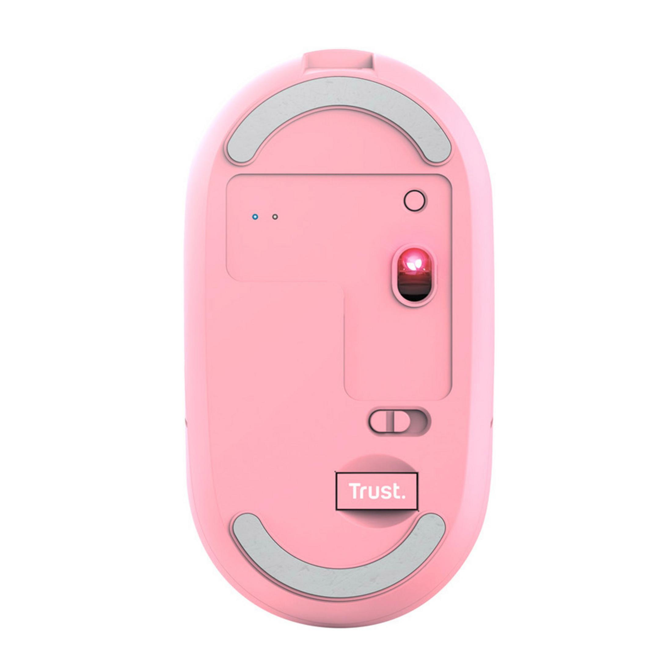 Underside of a pink computer mouse with Trust logo and red optical sensor.