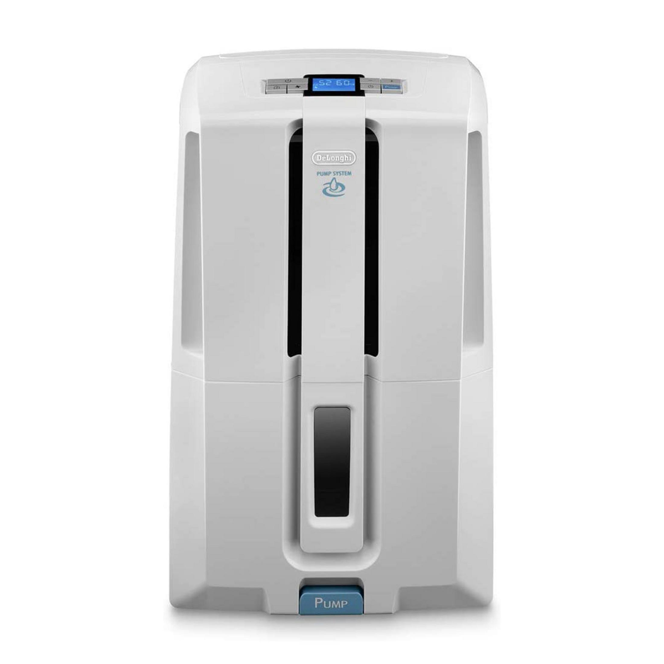 Biały osuszacz DeLonghi z cyfrowym wyświetlaczem i niebieskim przyciskiem pompy.