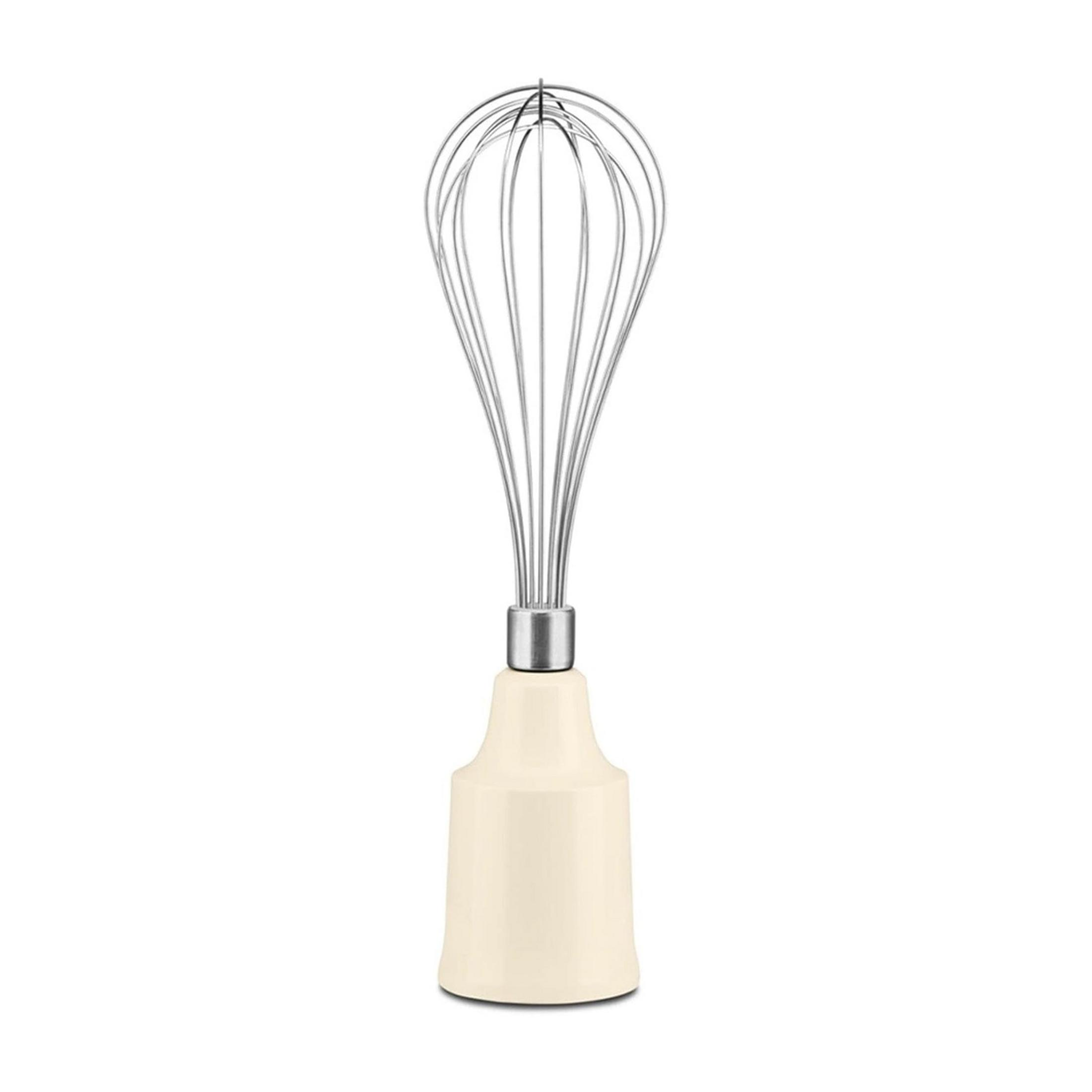 Kremowy uchwyt miksera ręcznego ze srebrnymi drucikami.