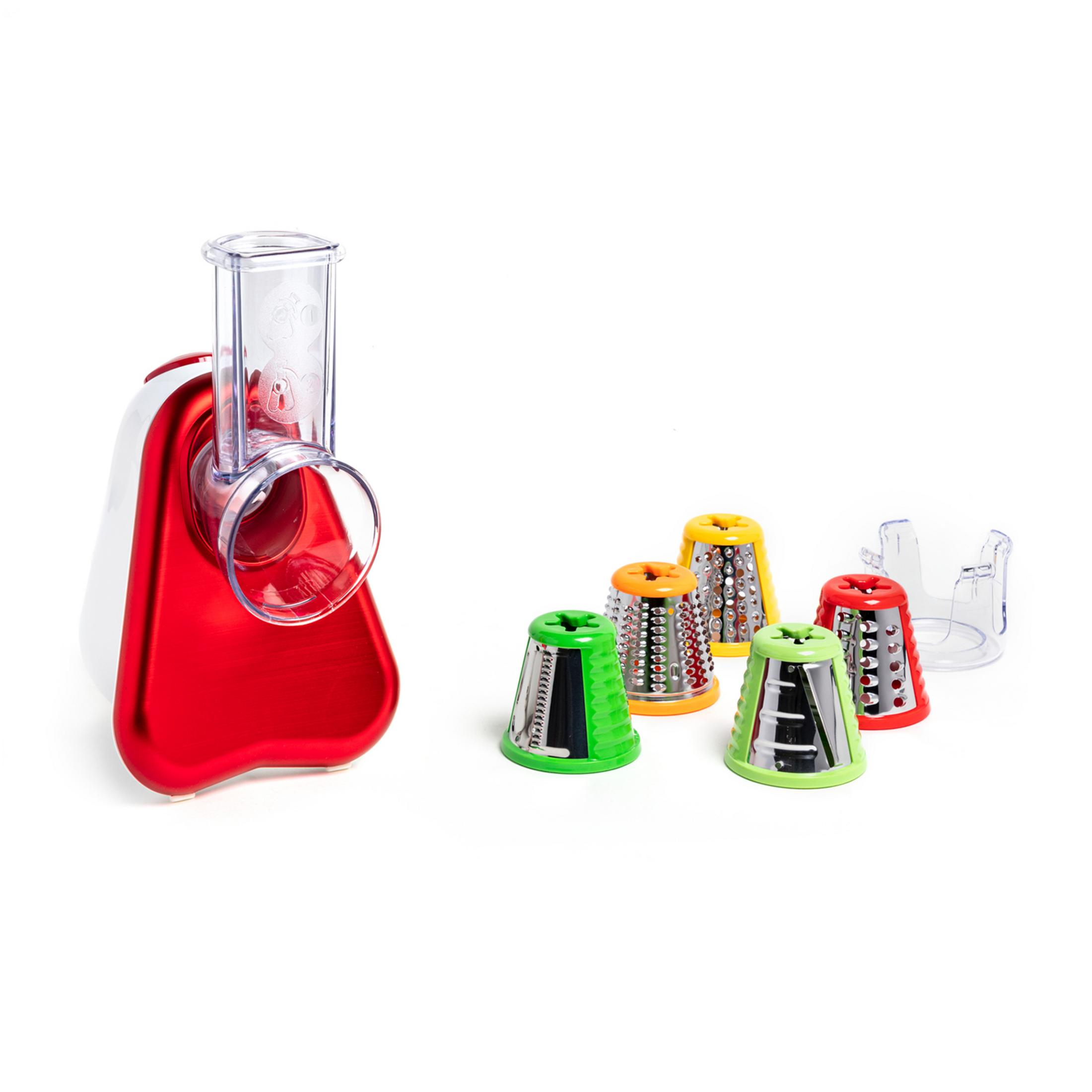Un'affettatrice per verdure rossa e bianca con quattro accessori colorati (verde, arancione, rosso, giallo).