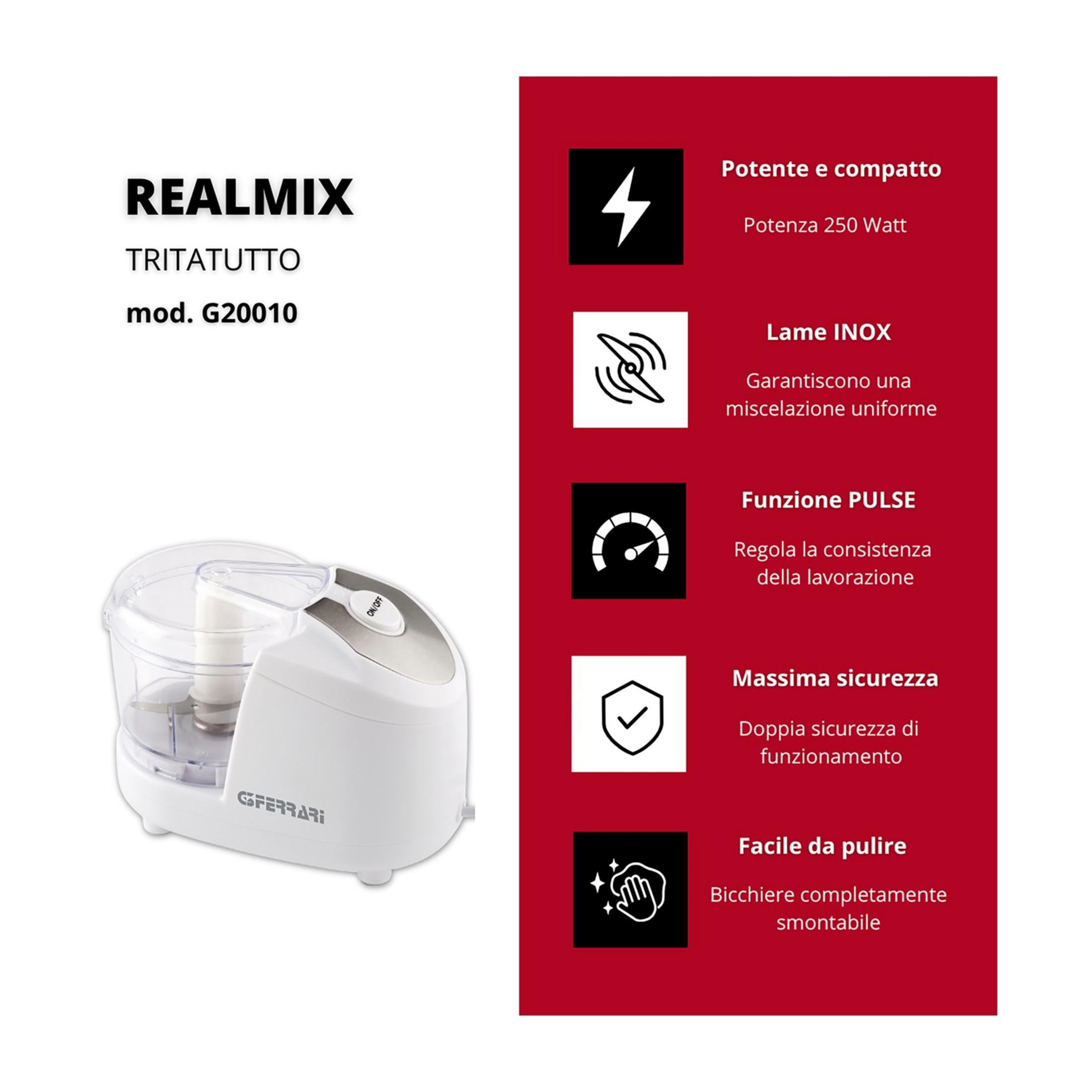 Ein weißer Küchenzerkleinerer von REALMIX mit silbernen Akzenten und Informationen auf rotem Hintergrund.