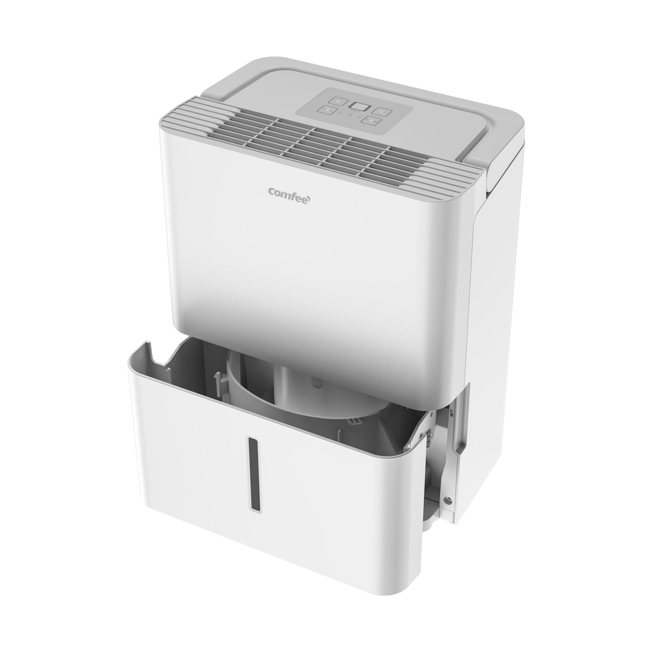 Biały osuszacz powietrza Comfee z wysuniętym zbiornikiem na wodę.