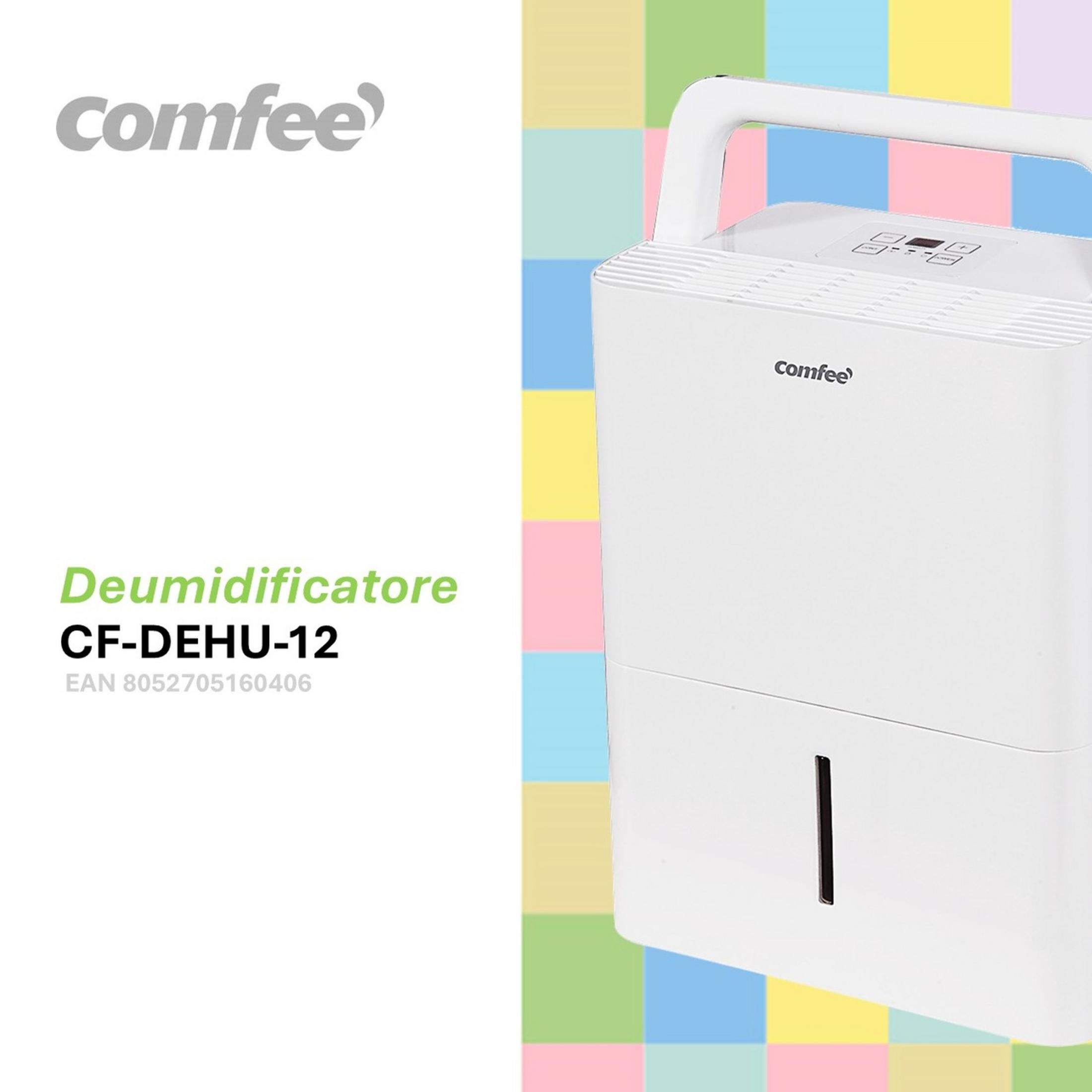 Biały osuszacz powietrza z uchwytem i panelem sterowania. Widoczny zbiornik na wodę.