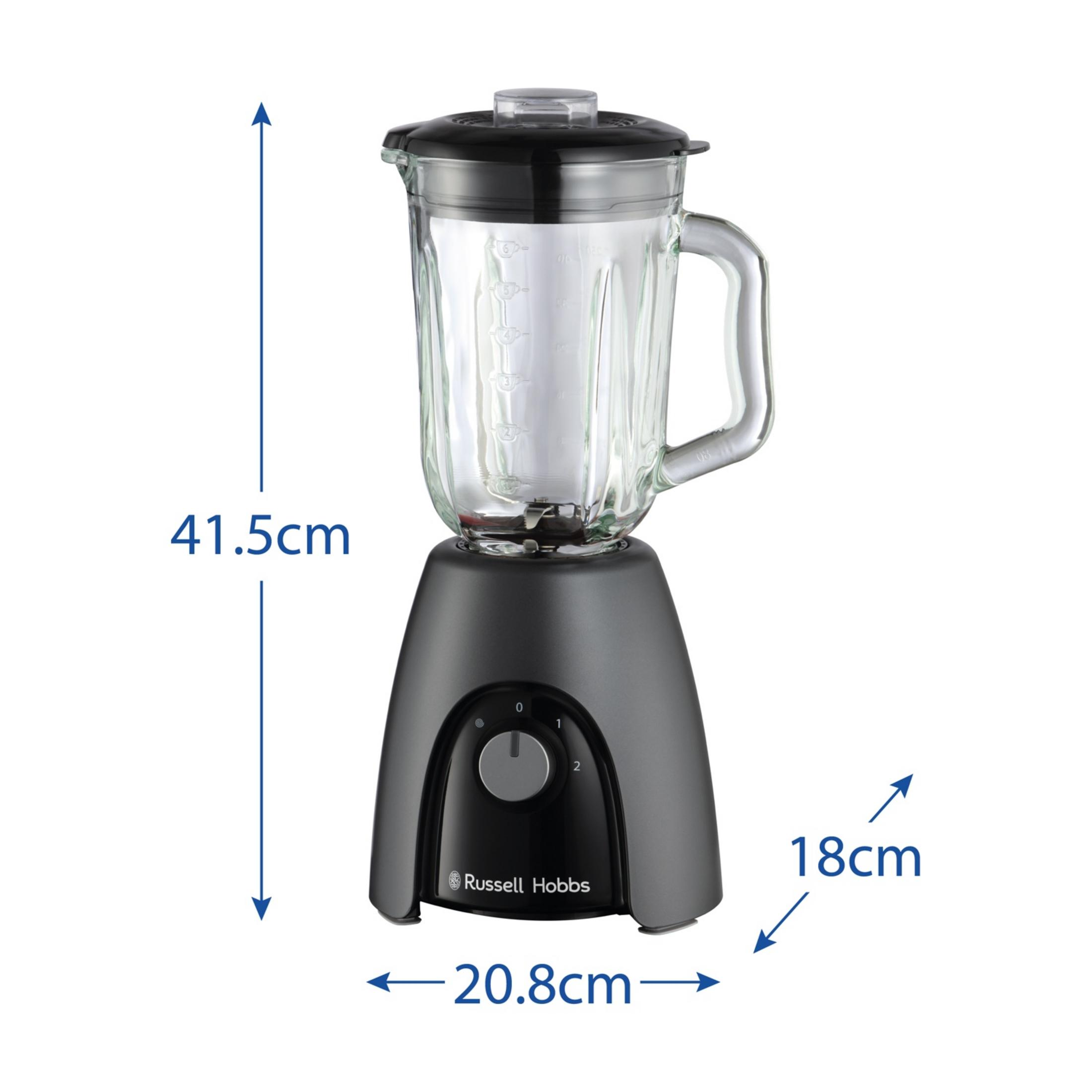 Grauer Russell Hobbs Mixer mit Glaskrug, Maße 41,5x20,8x18cm.