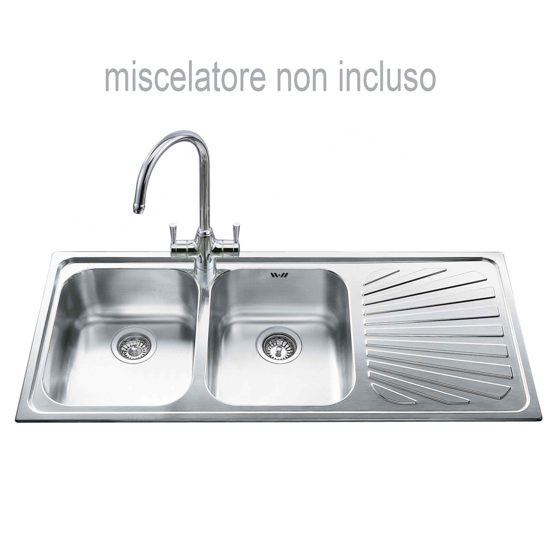 Lavello doppio in acciaio inox con rubinetto e scivolo.