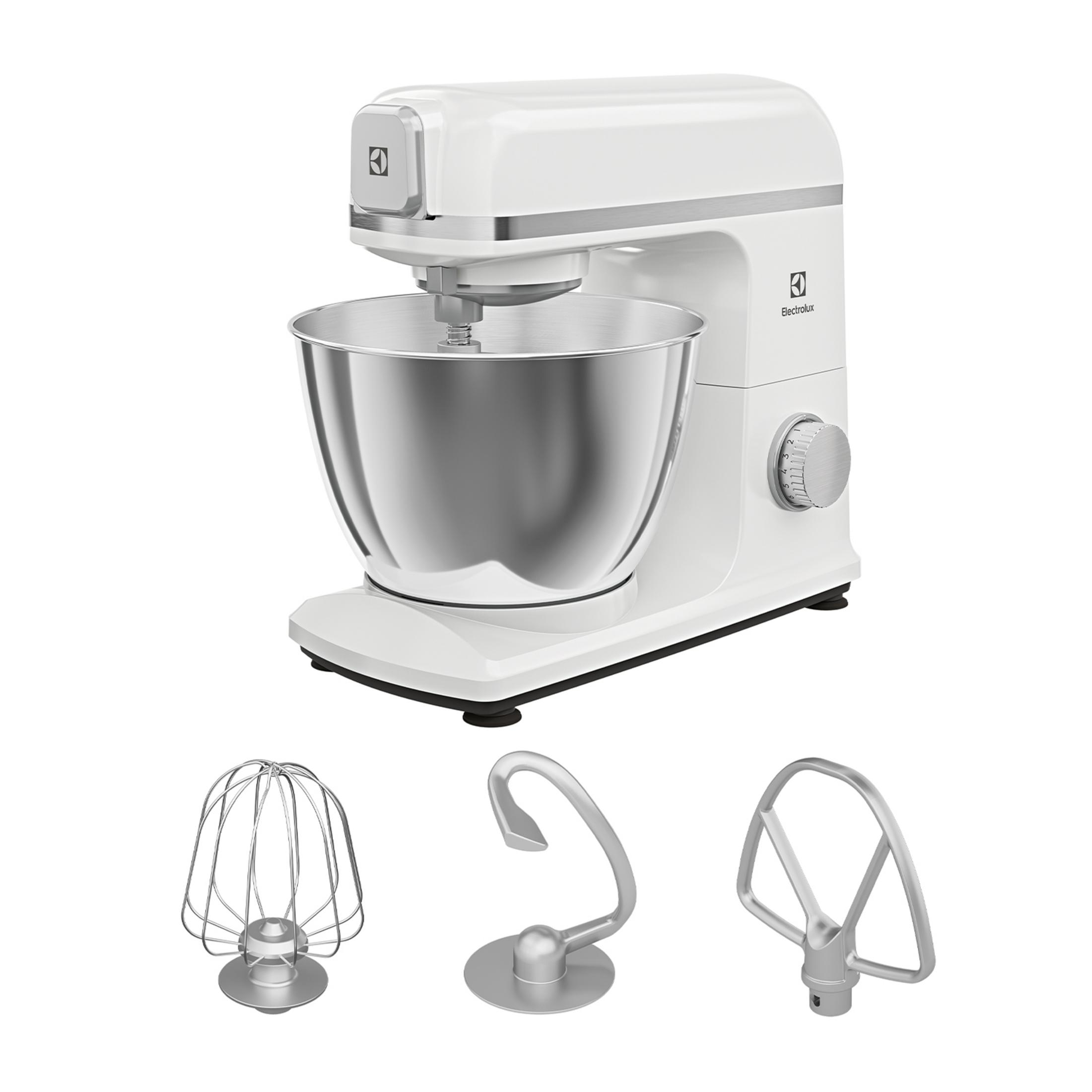 Un'impastatrice bianca con ciotola in acciaio inox e tre accessori.