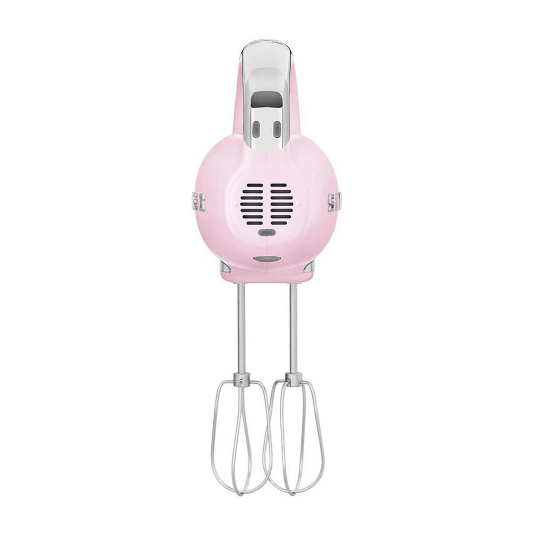 Een roze handmixer met twee zilveren gardes.