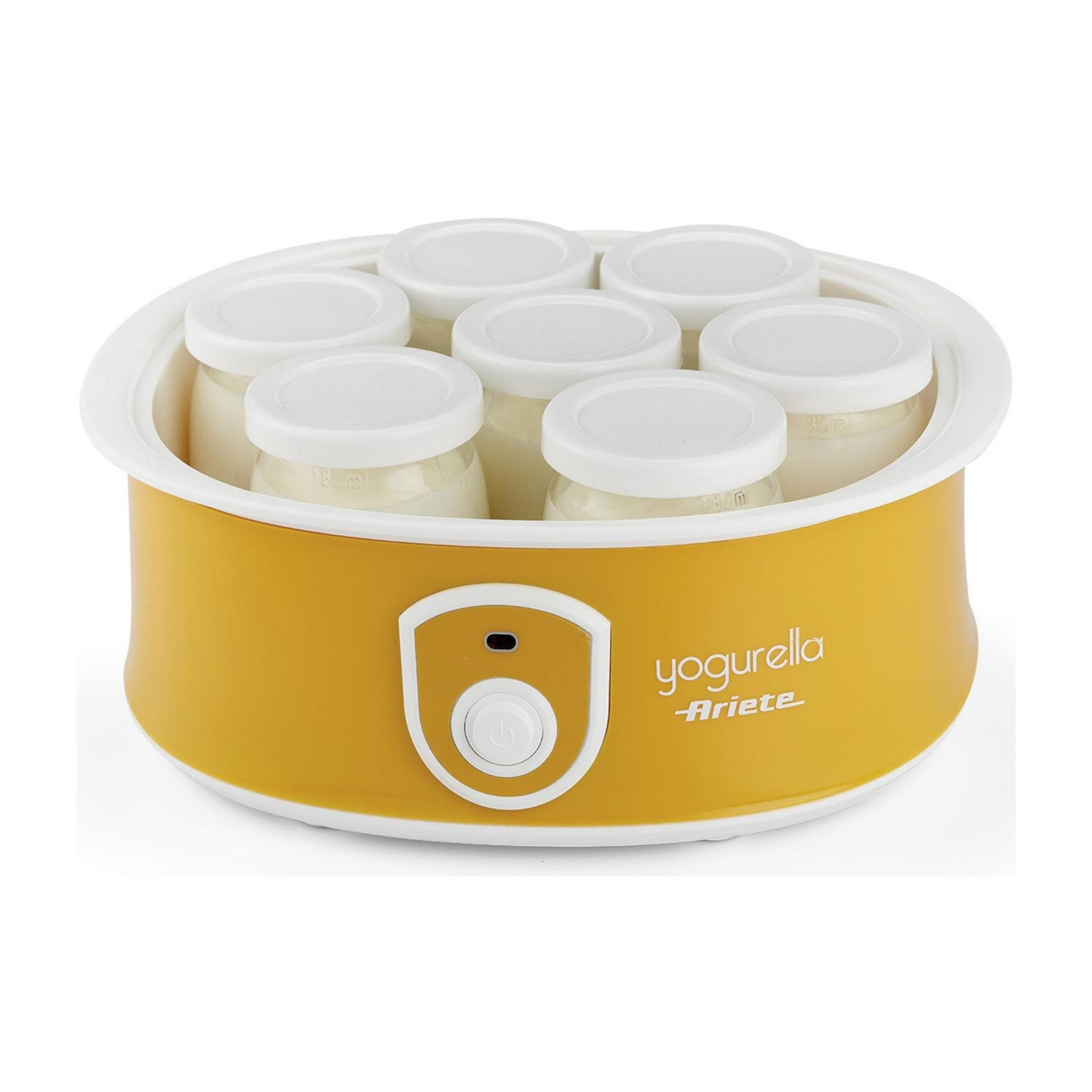 Żółty jogurtownica z sześcioma słoikami wypełnionymi jogurtem.