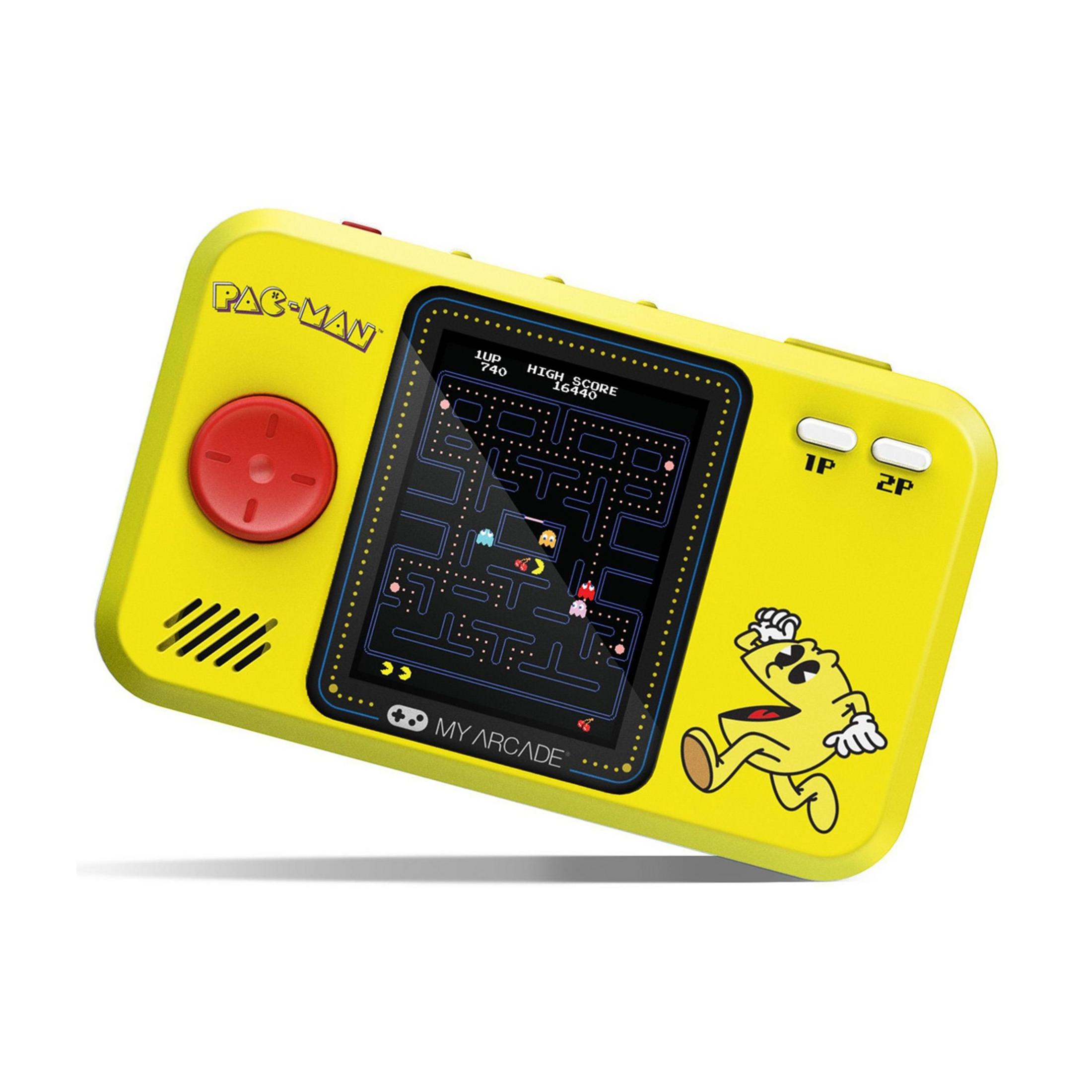 Juego portátil amarillo de Pac-Man con joystick y pantalla rojos.