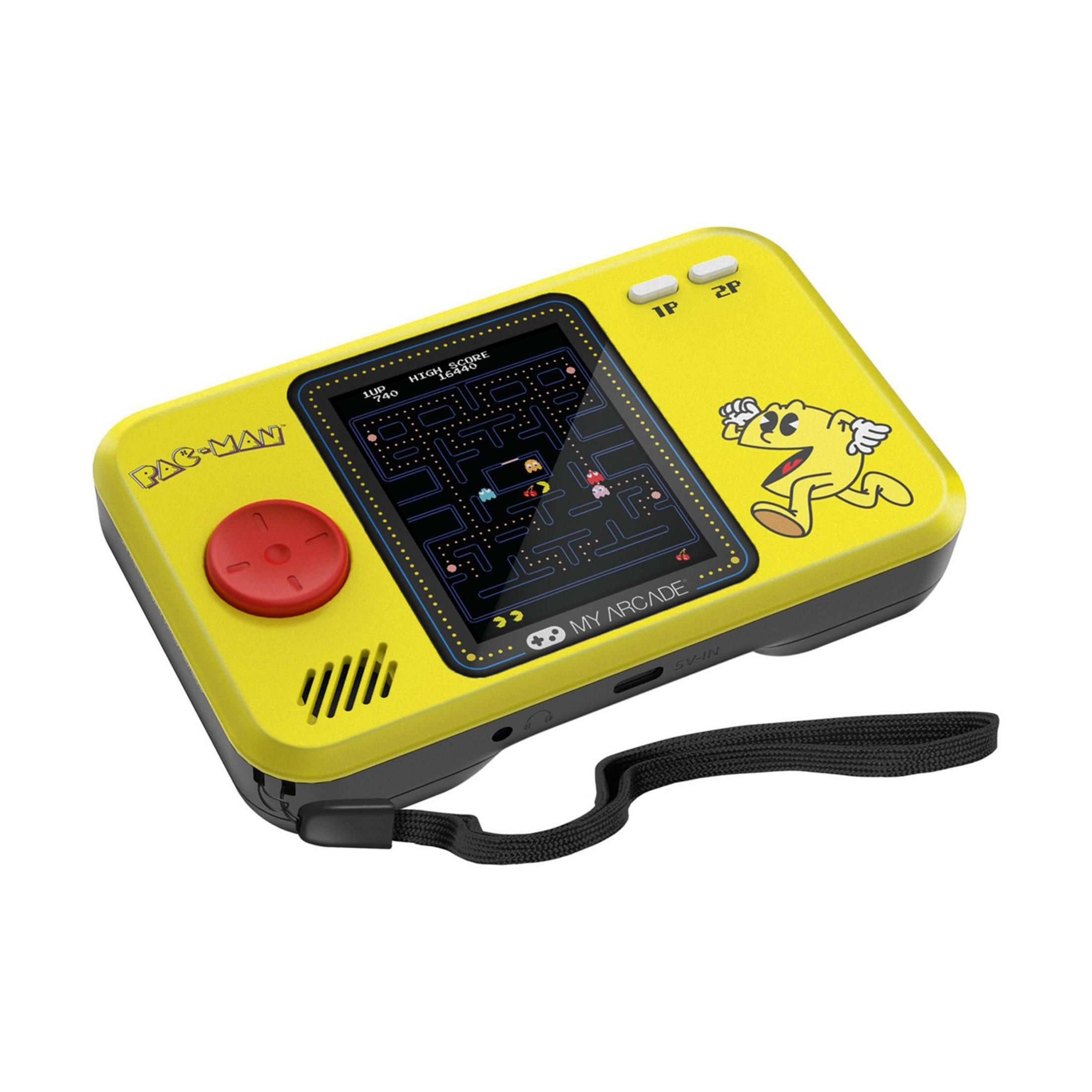 Dispositivo de juego portátil amarillo de Pac-Man con joystick rojo y gráfico.