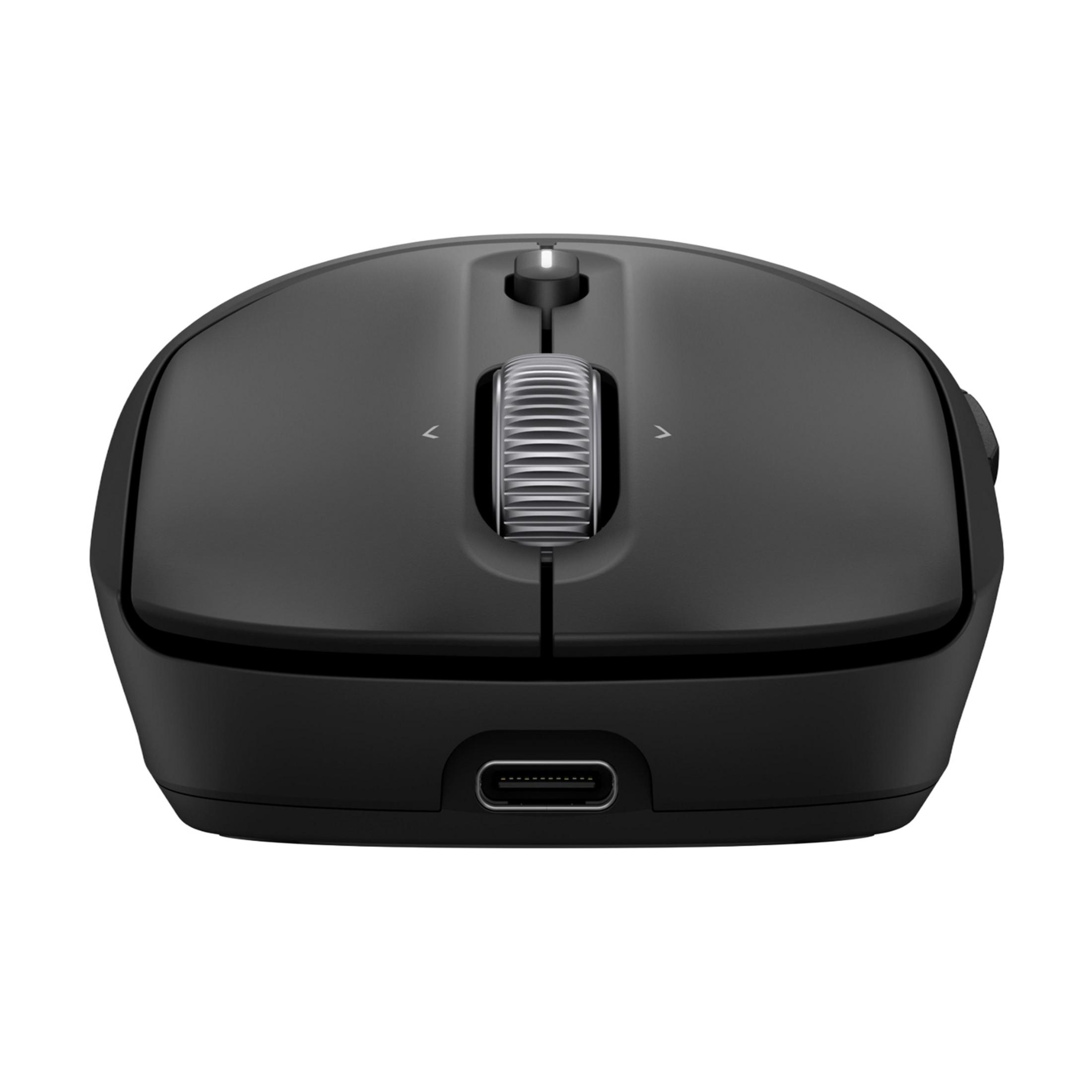 Czarna mysz komputerowa z kółkiem, portem USB-C i podświetlanym przyciskiem u góry.