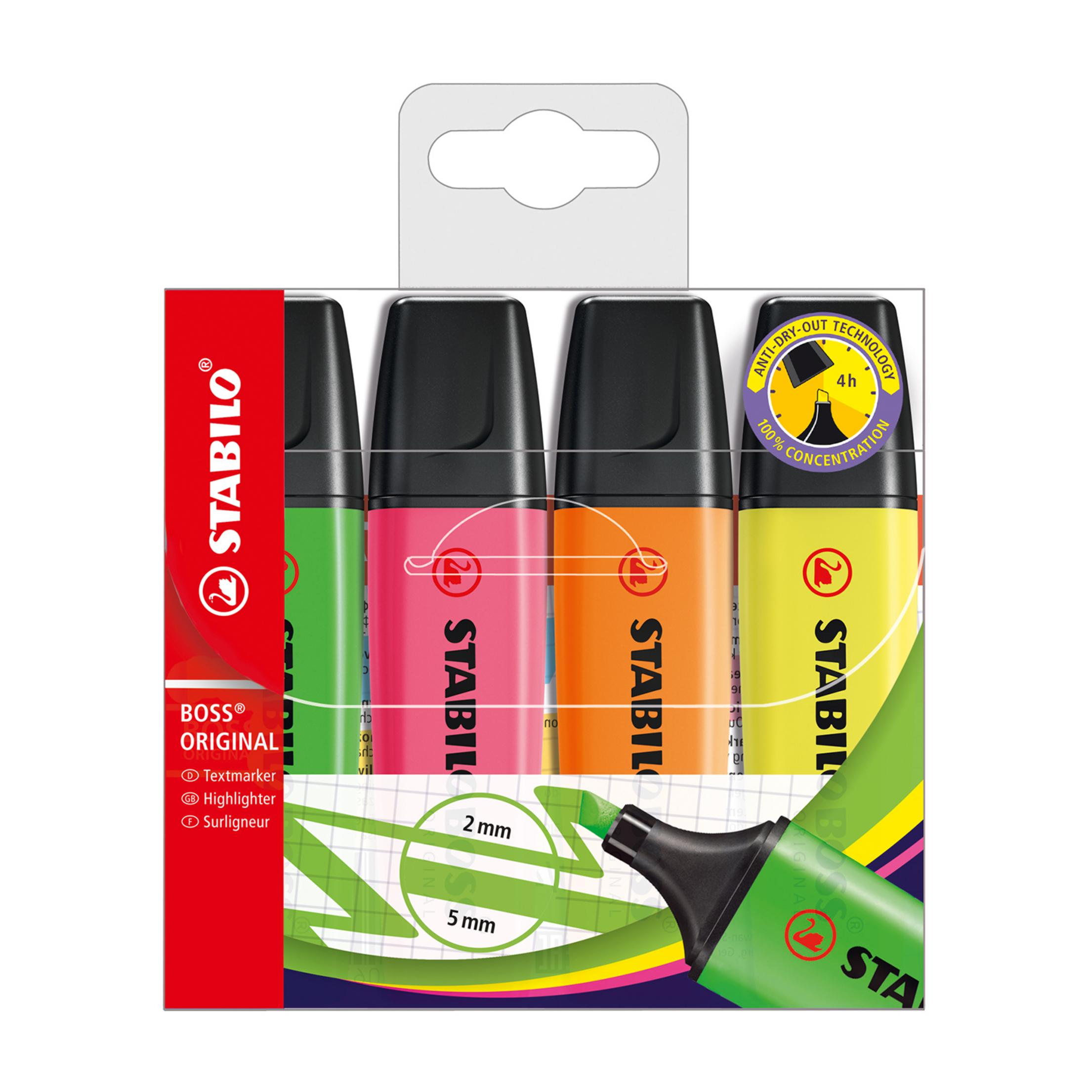 Confezione da quattro evidenziatori Stabilo Boss in verde, rosa, arancione e giallo.