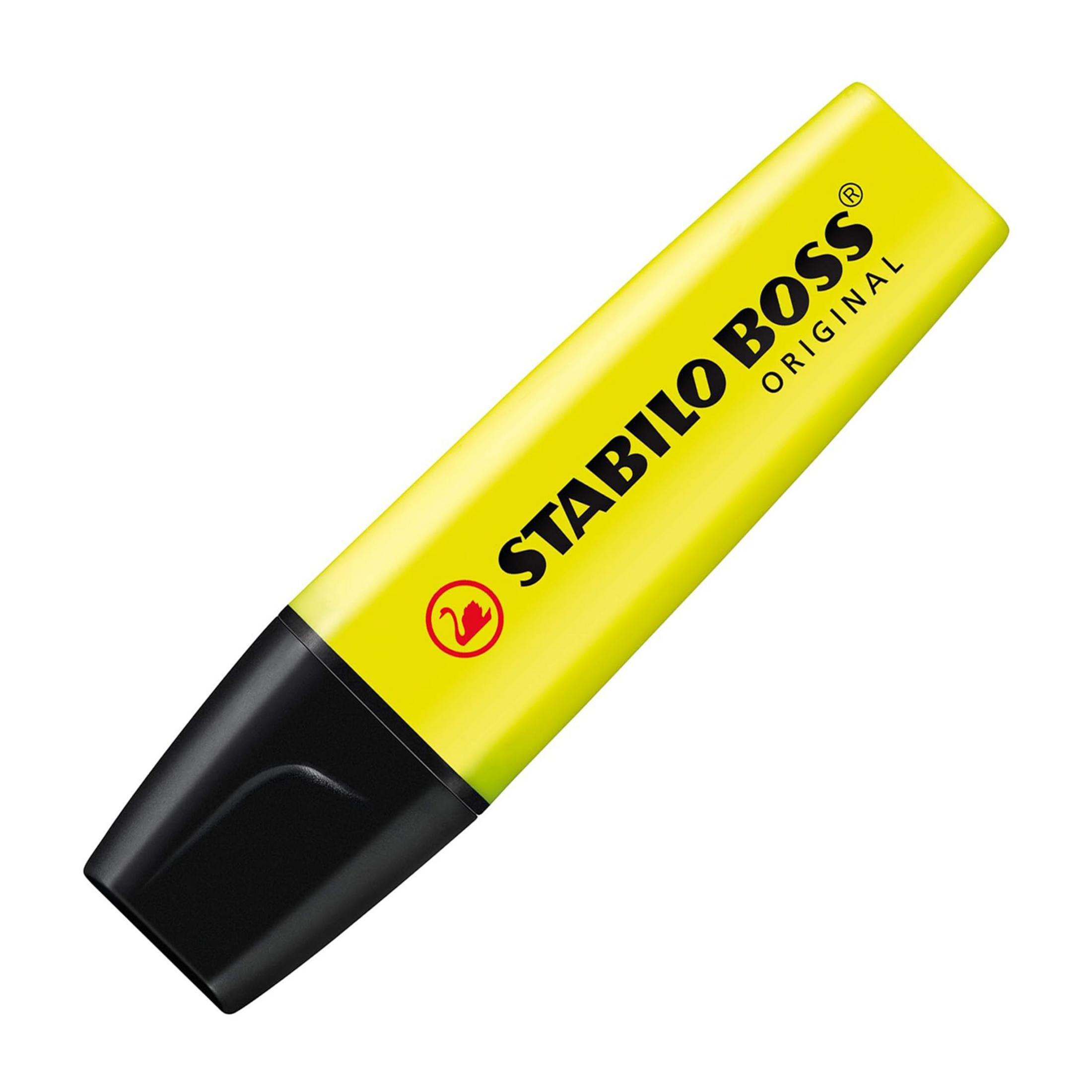 Un evidenziatore Stabilo Boss giallo con cappuccio nero.