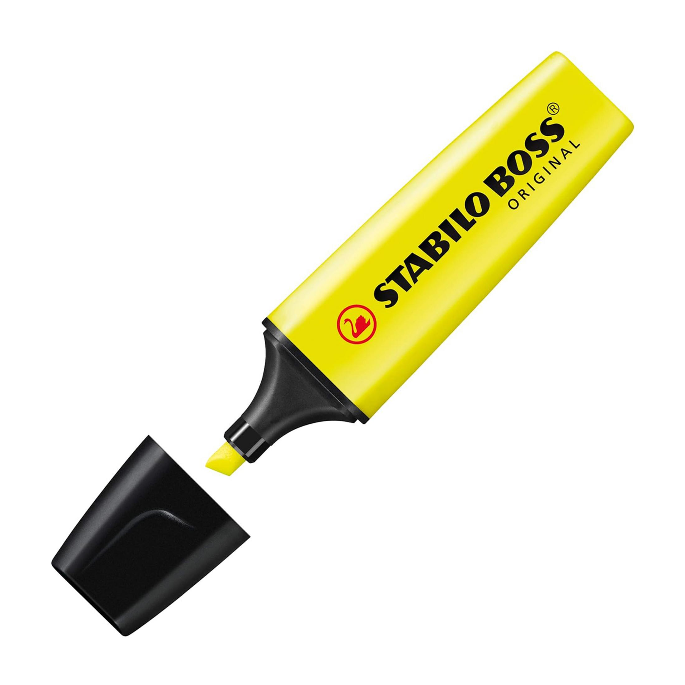 Un evidenziatore giallo con cappuccio nero e logo di cigno.