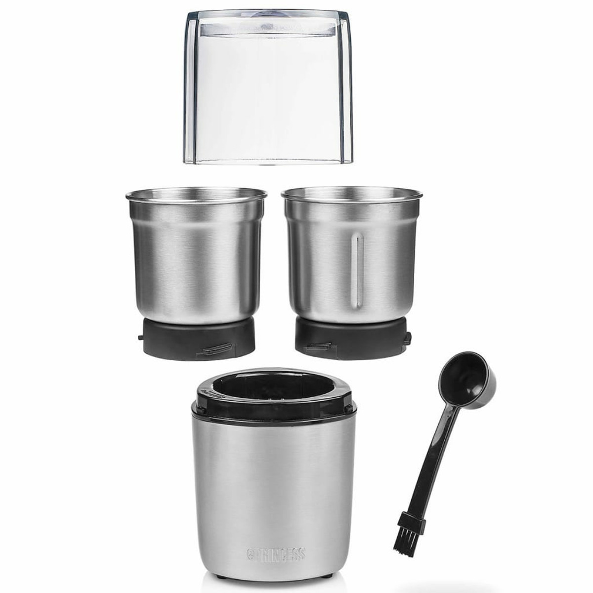 Stainless steel coffee grinder with accessories: lid, two cups, grinder, and scoop.