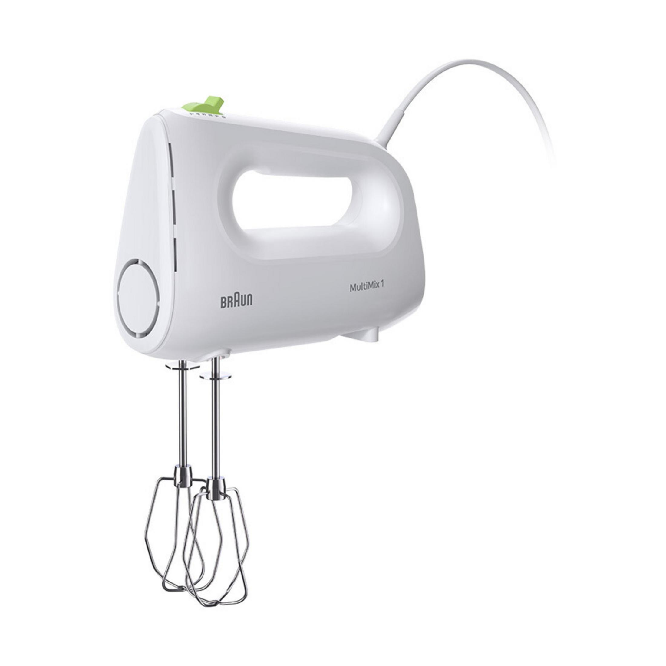 Weißer Handmixer mit grünem Schalter und zwei Rührbesen.