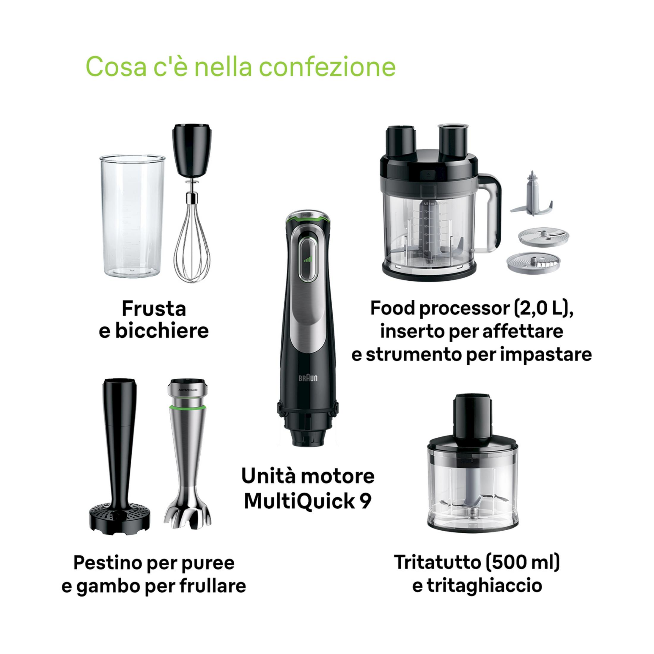 Zestaw blendera ręcznego z akcesoriami: trzepaczka, kubek, moduł silnika, przystawka do puree, malakser.