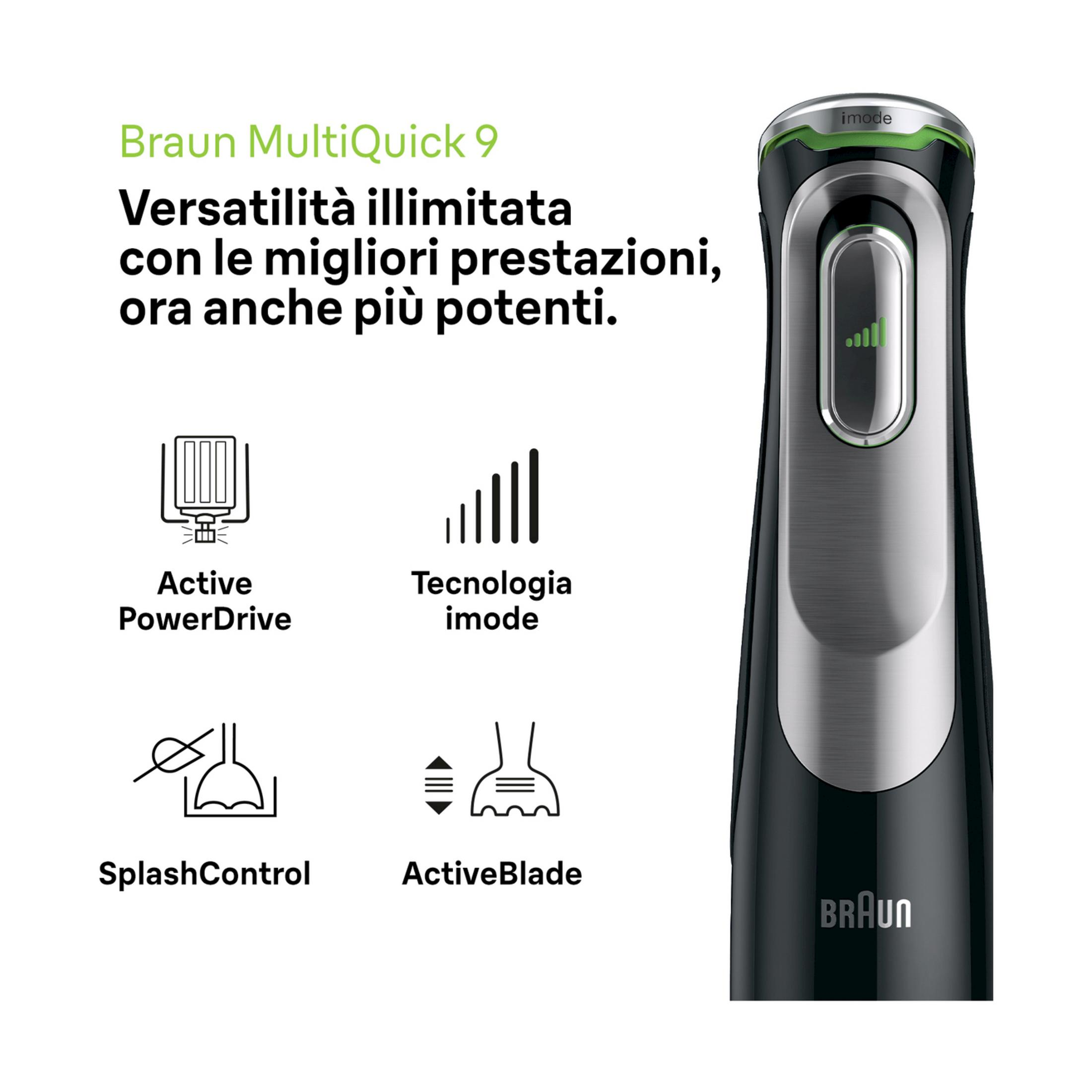 Blender ręczny Braun z ikonami PowerDrive, iMode, SplashControl i ActiveBlade.