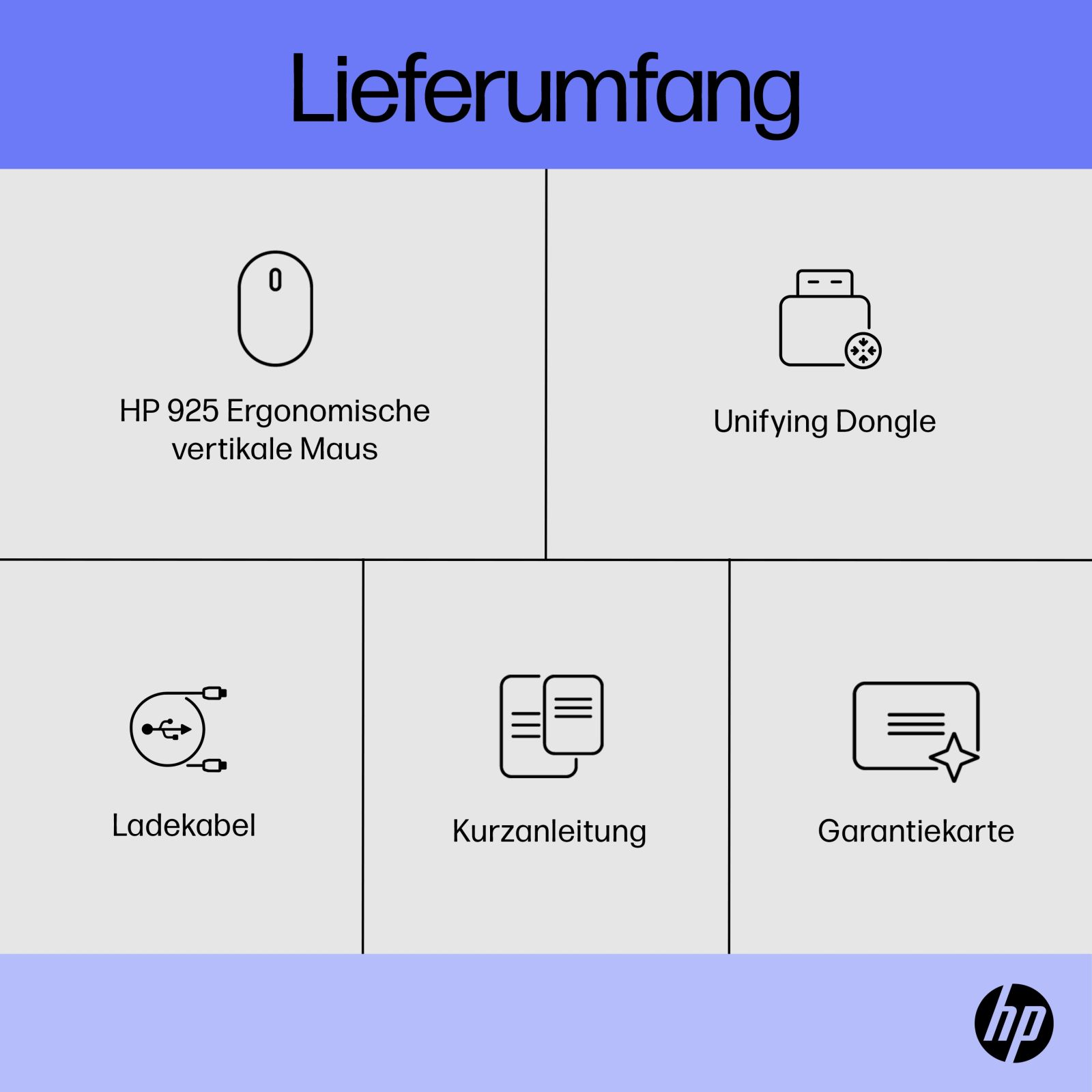 Zawartość opakowania: Mysz, Dongle, Kabel do ładowania, Instrukcja, Karta gwarancyjna. Logo HP.