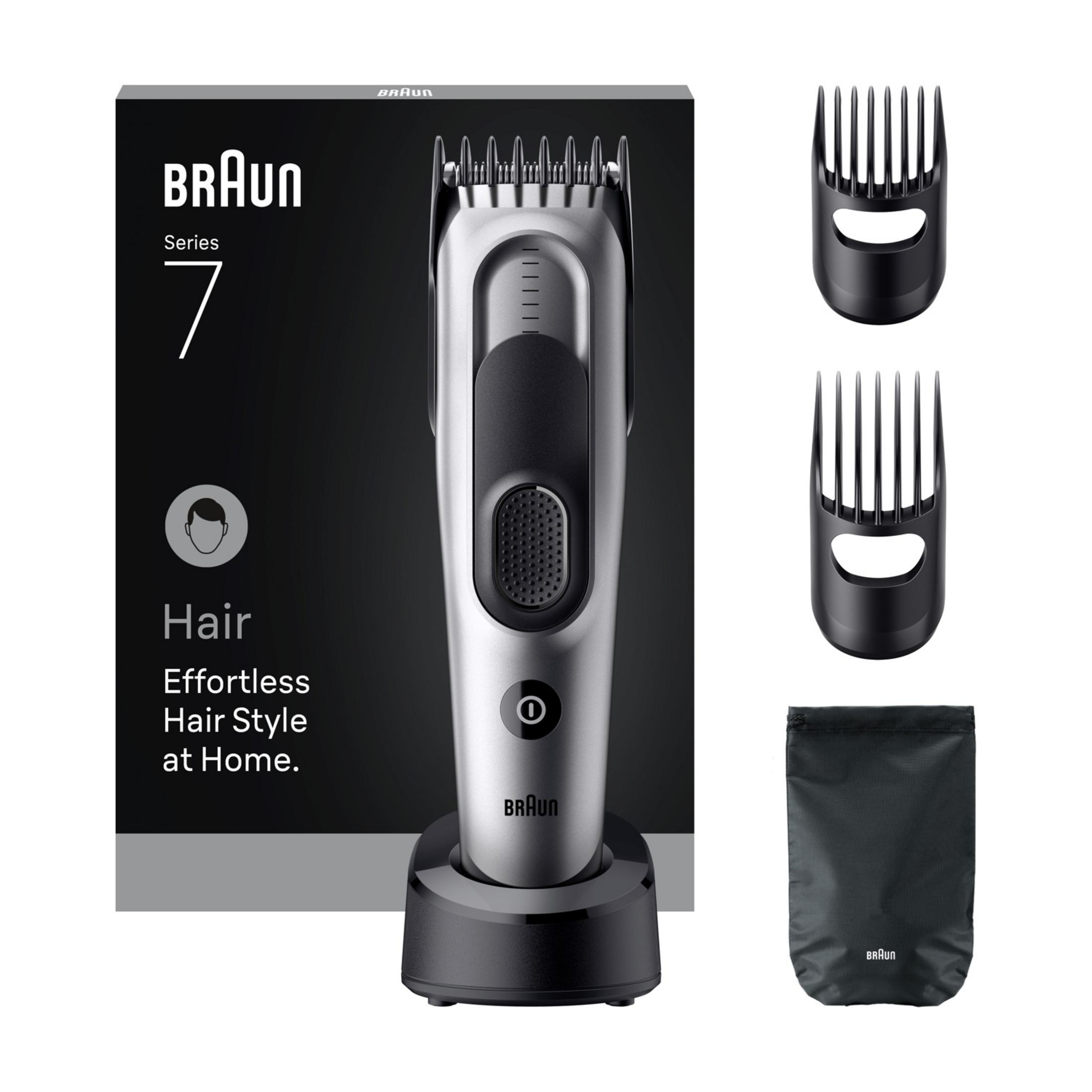 Braun Series 7 hair clipper with charging stand, attachments and pouch.