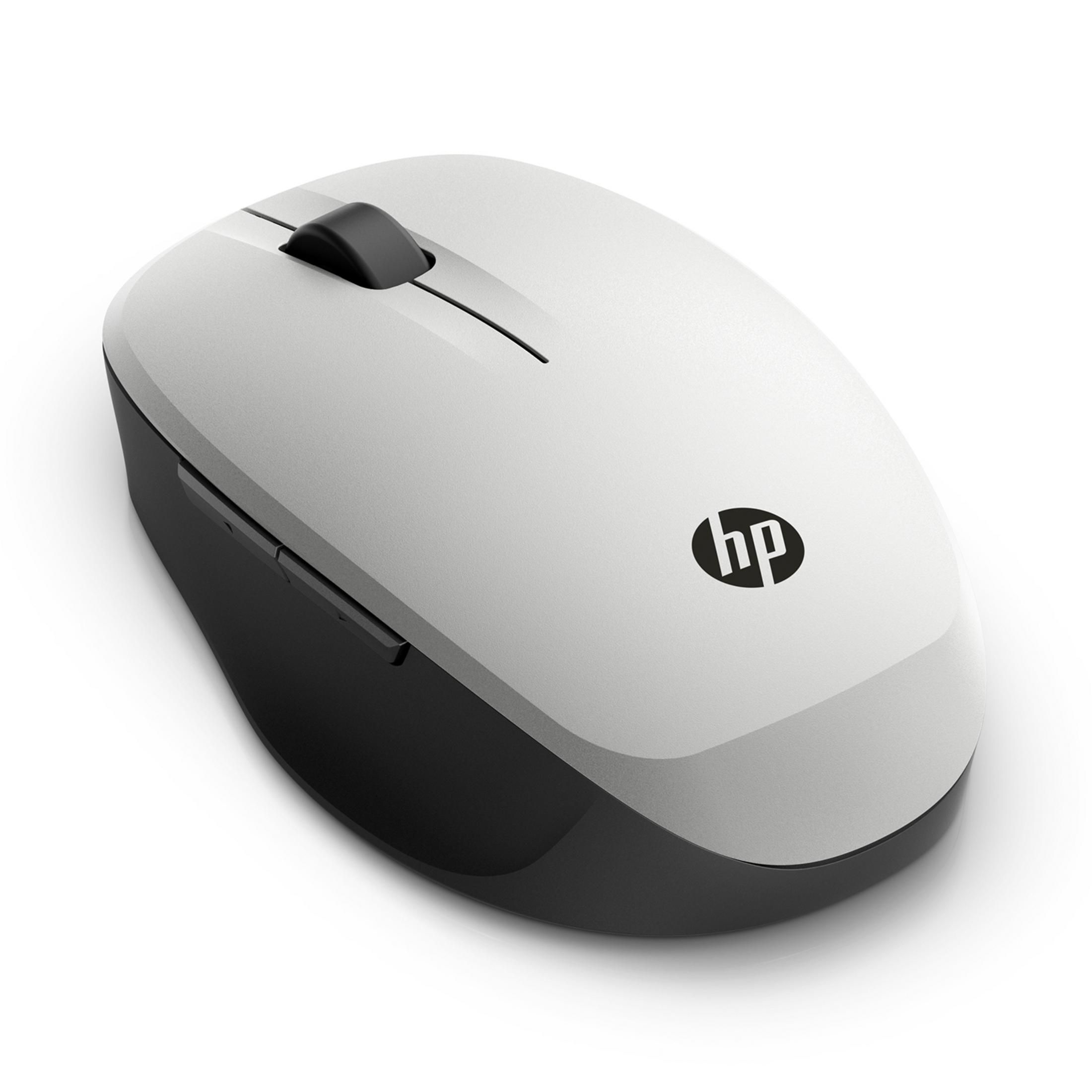Een witte en zwarte HP computermuis met scrollwiel en knoppen.