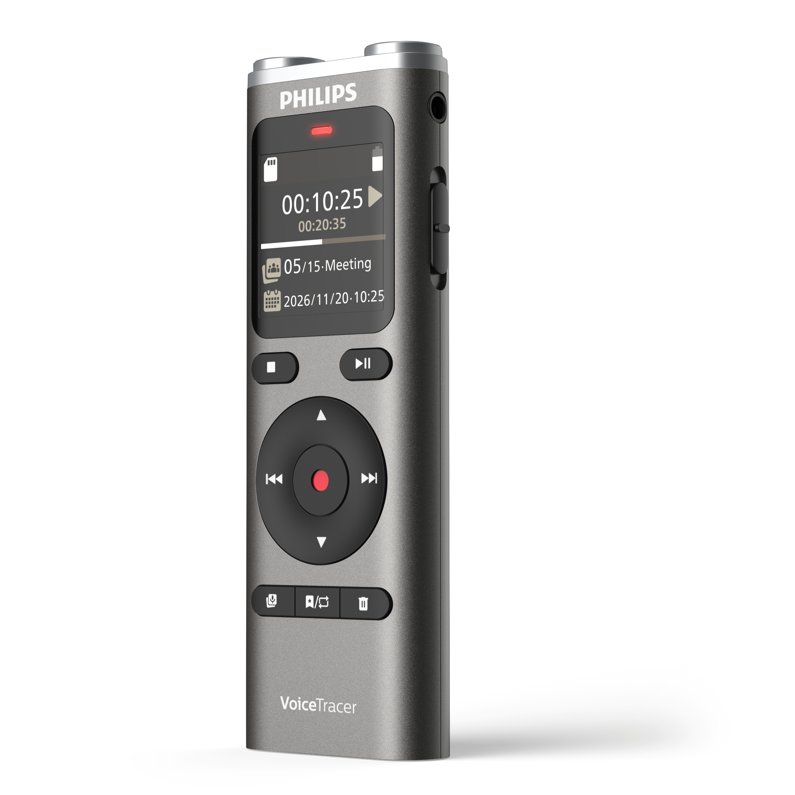 Un grabador Philips VoiceTracer gris con pantalla y botones de control.