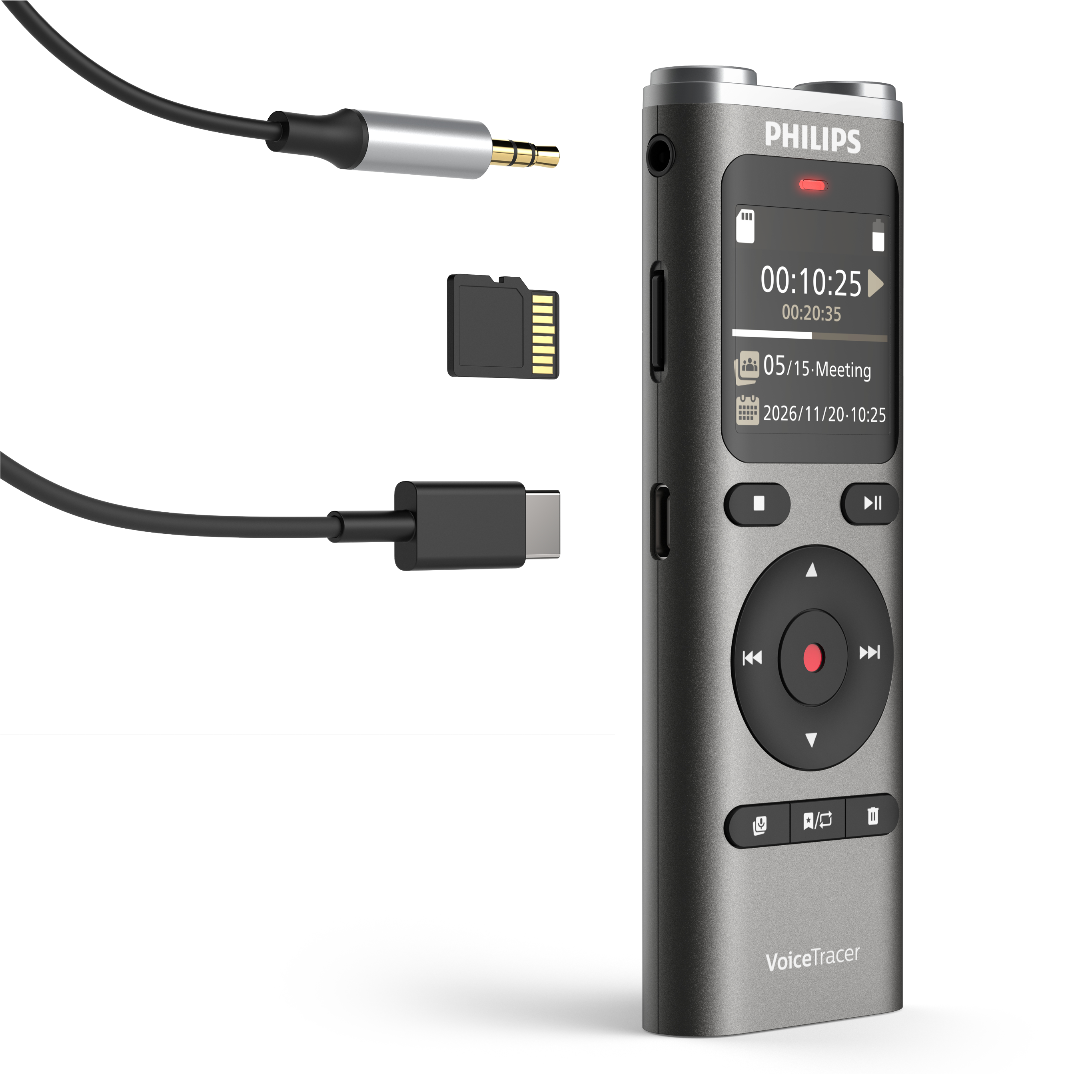Philips VoiceTracer con cable, tarjeta SD y conector USB-C.