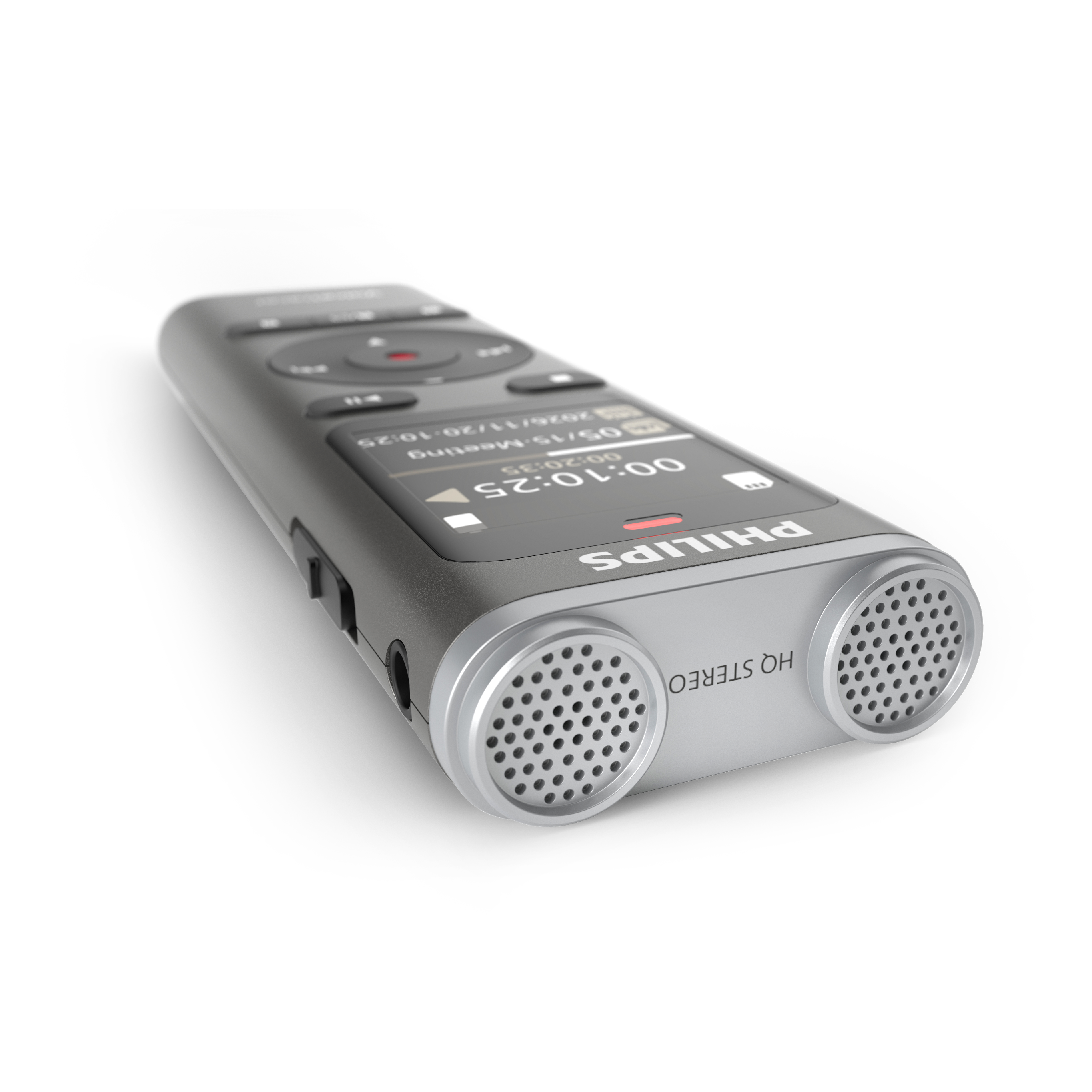 Una grabadora de voz Philips gris con micrófonos estéreo y pantalla.