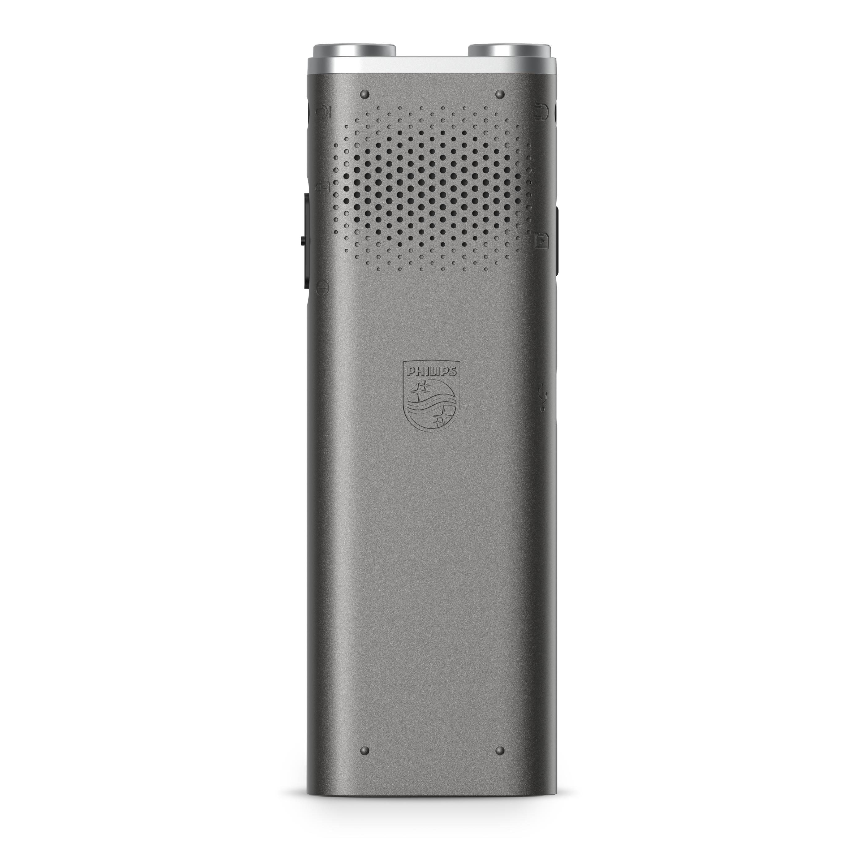 Grabadora Philips gris con rejilla de altavoz y botones arriba.