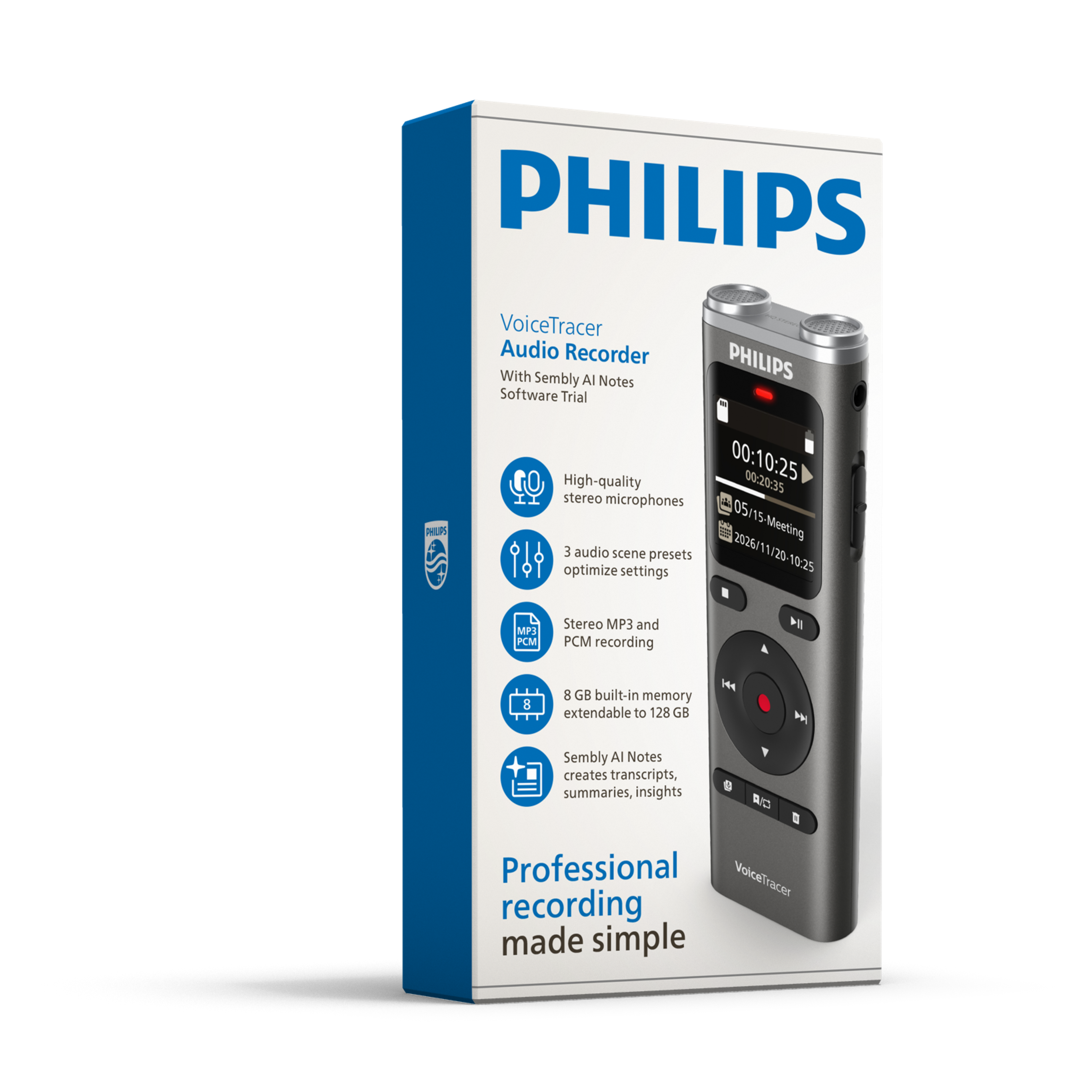 Grabadora de audio Philips VoiceTracer con caja, detallando funciones.