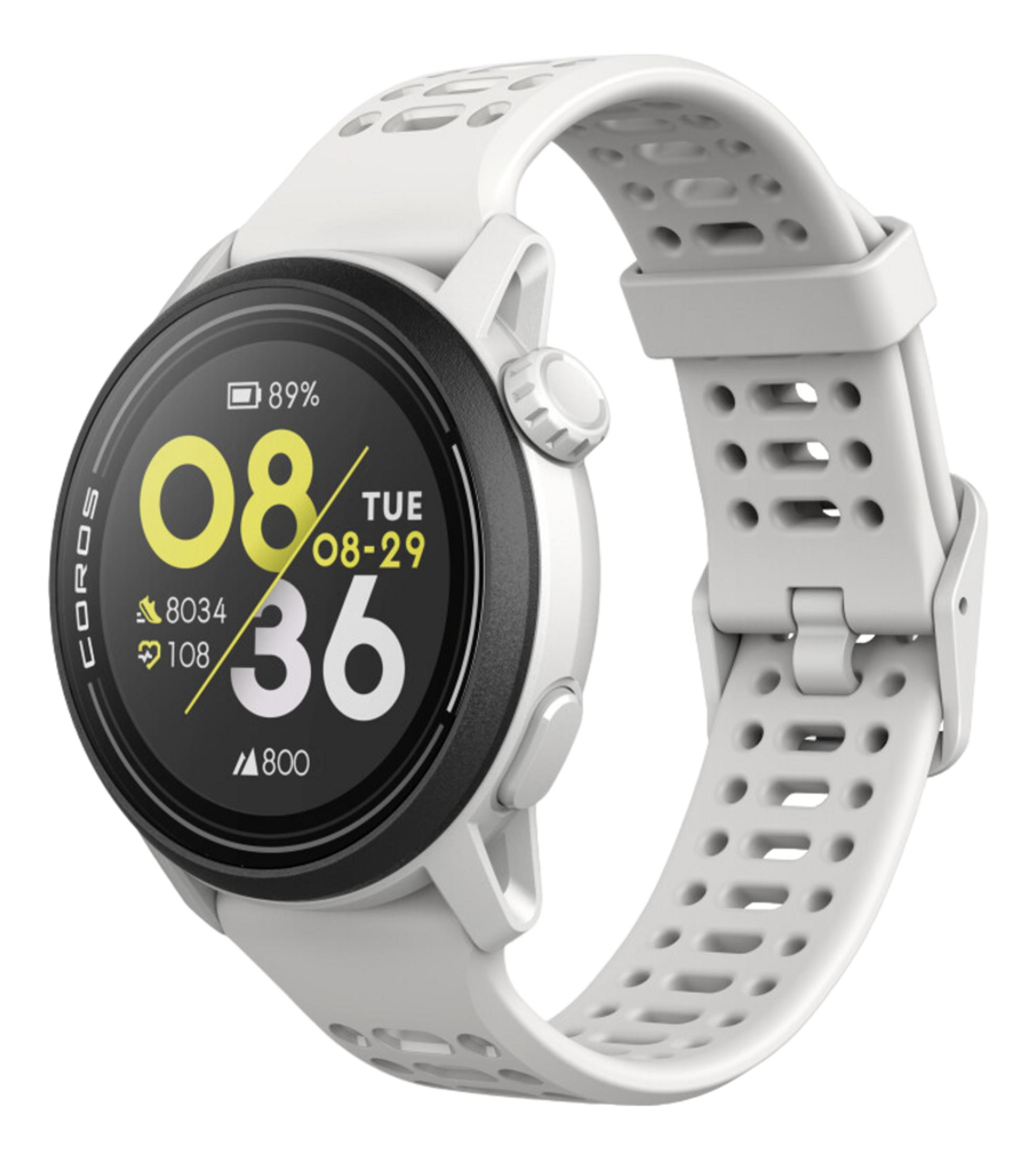 Biały smartwatch z czarnym wyświetlaczem pokazującym 89% baterii.